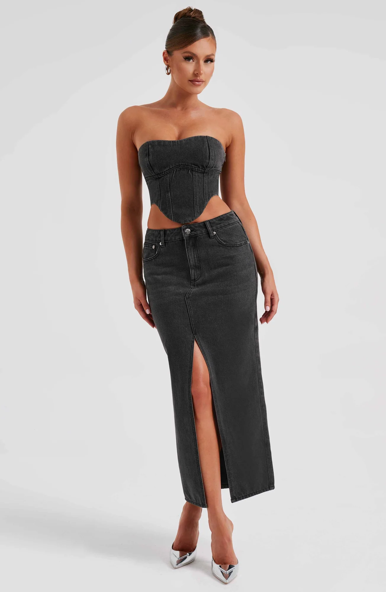 Denim Maxi Skirt in Black - High Waist with Middle Split