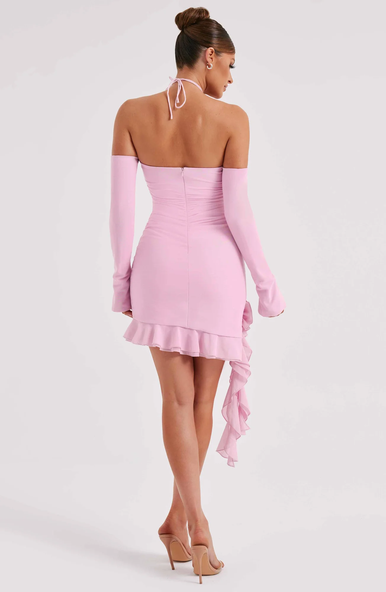 Pink Asymmetric Ruffled Mini Dress with Off-Shoulder Styling