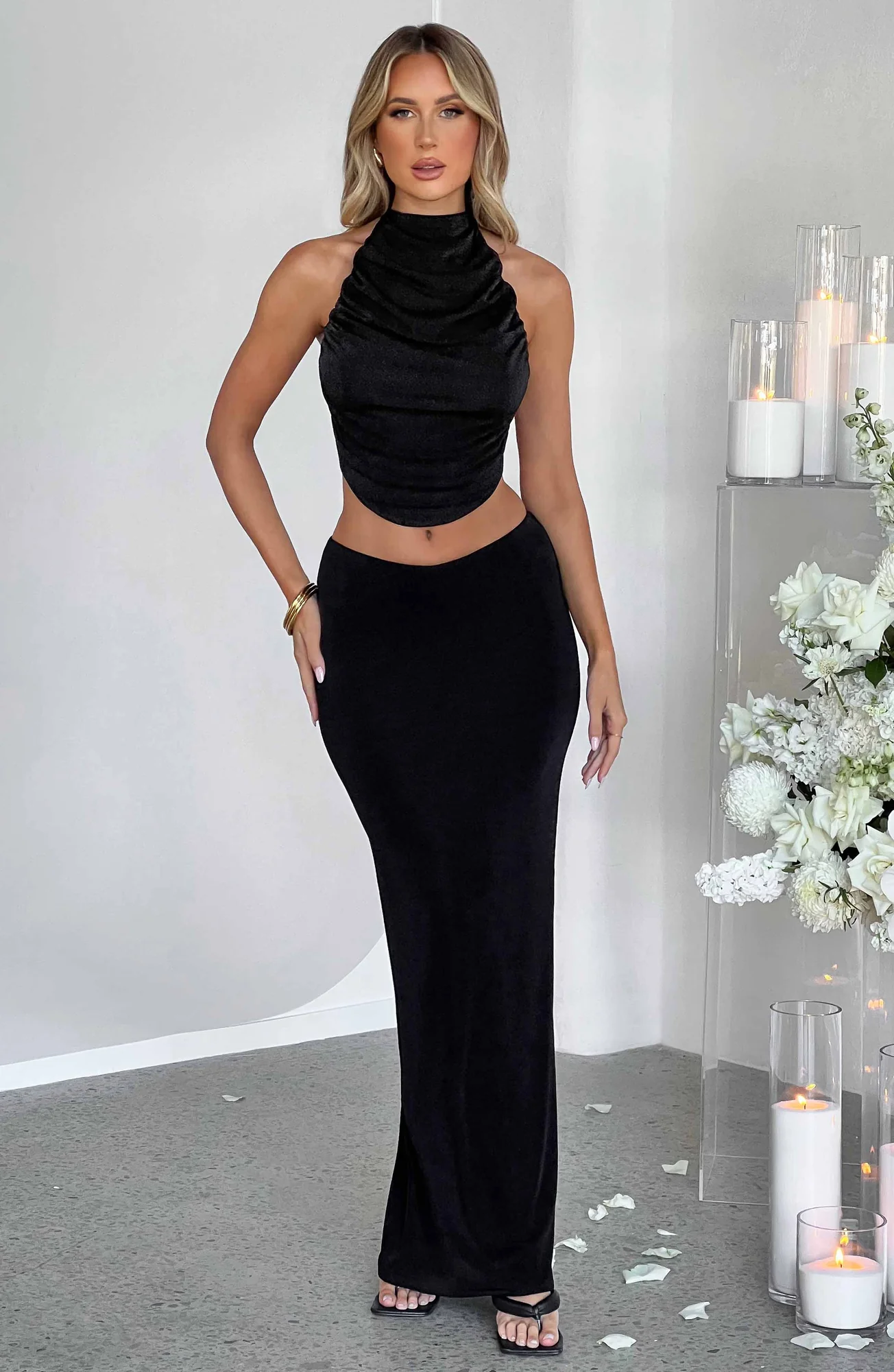 Black High-Shine Jersey Maxi Skirt - Elegant Silhouette Design