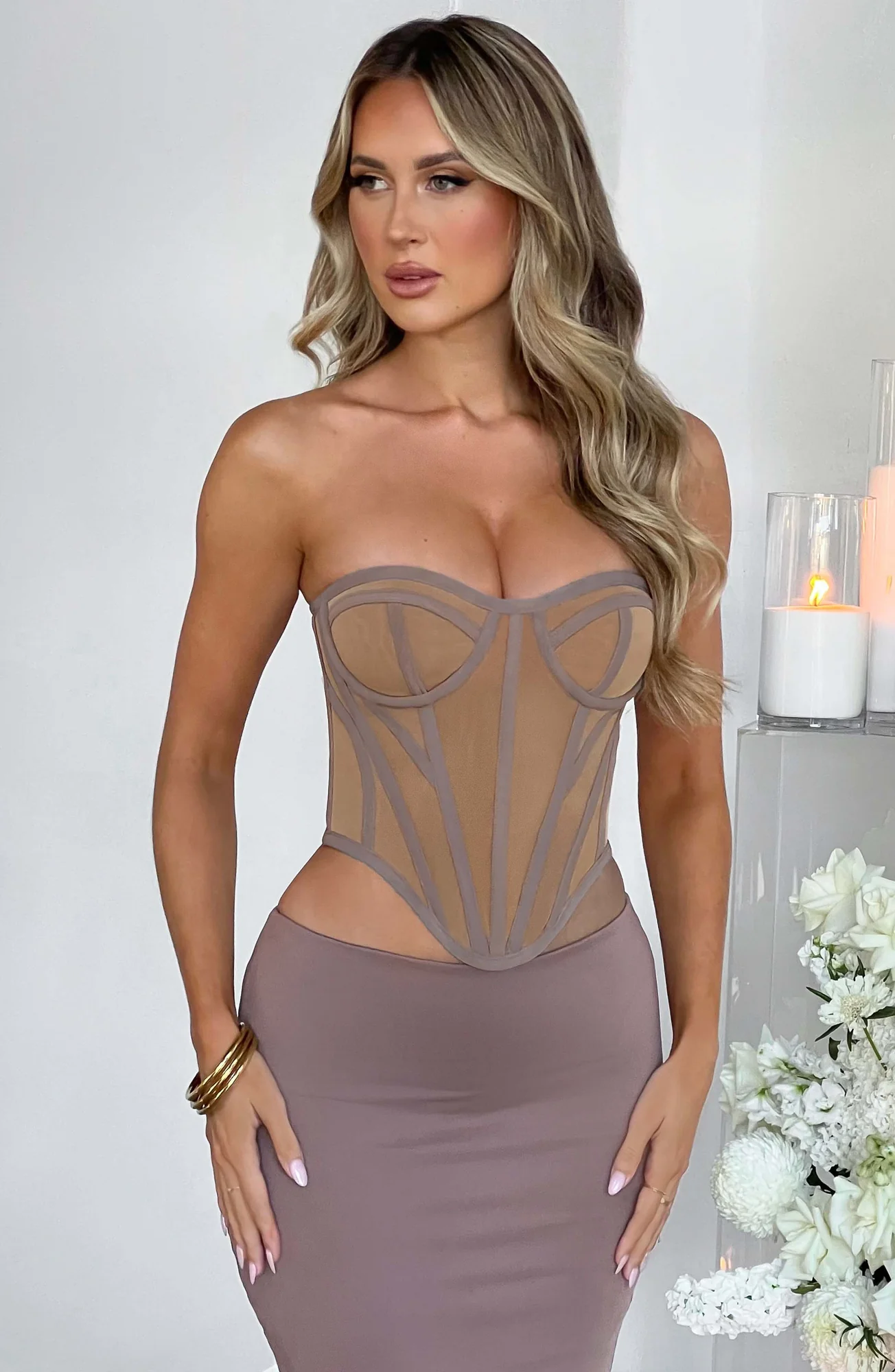 Chocolate/Nude Mesh Corset - Cupped Bust & Boned Design