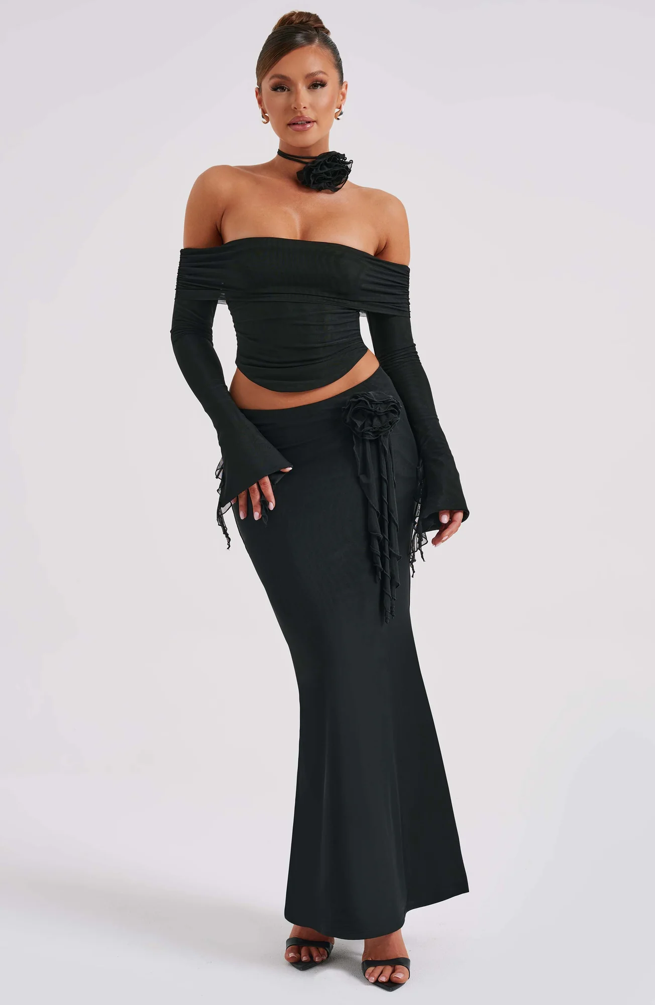 Black Double Layered Mesh Maxi Skirt - Figure-Hugging Fit