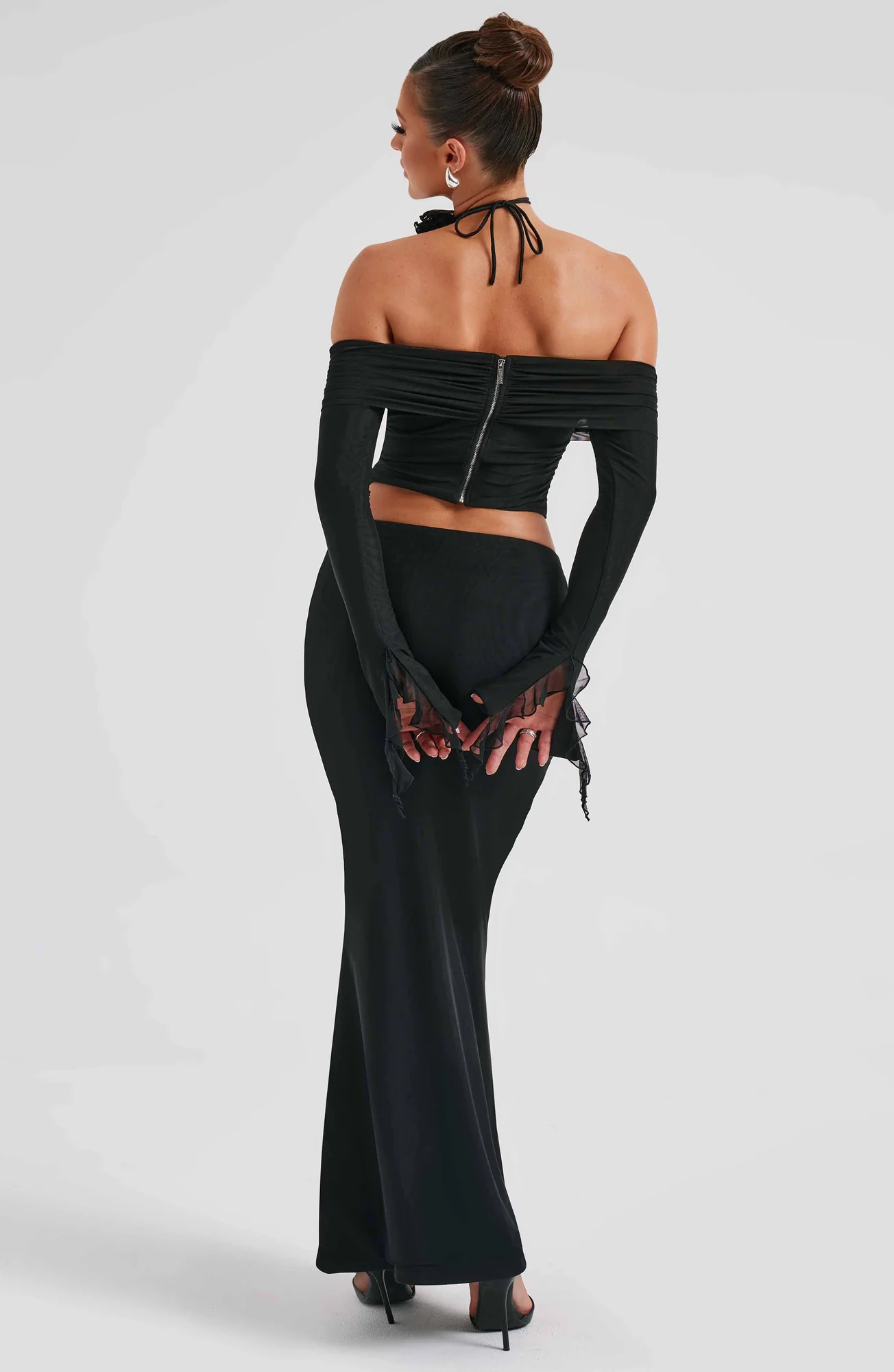 Black Double Layered Mesh Maxi Skirt - Figure-Hugging Fit
