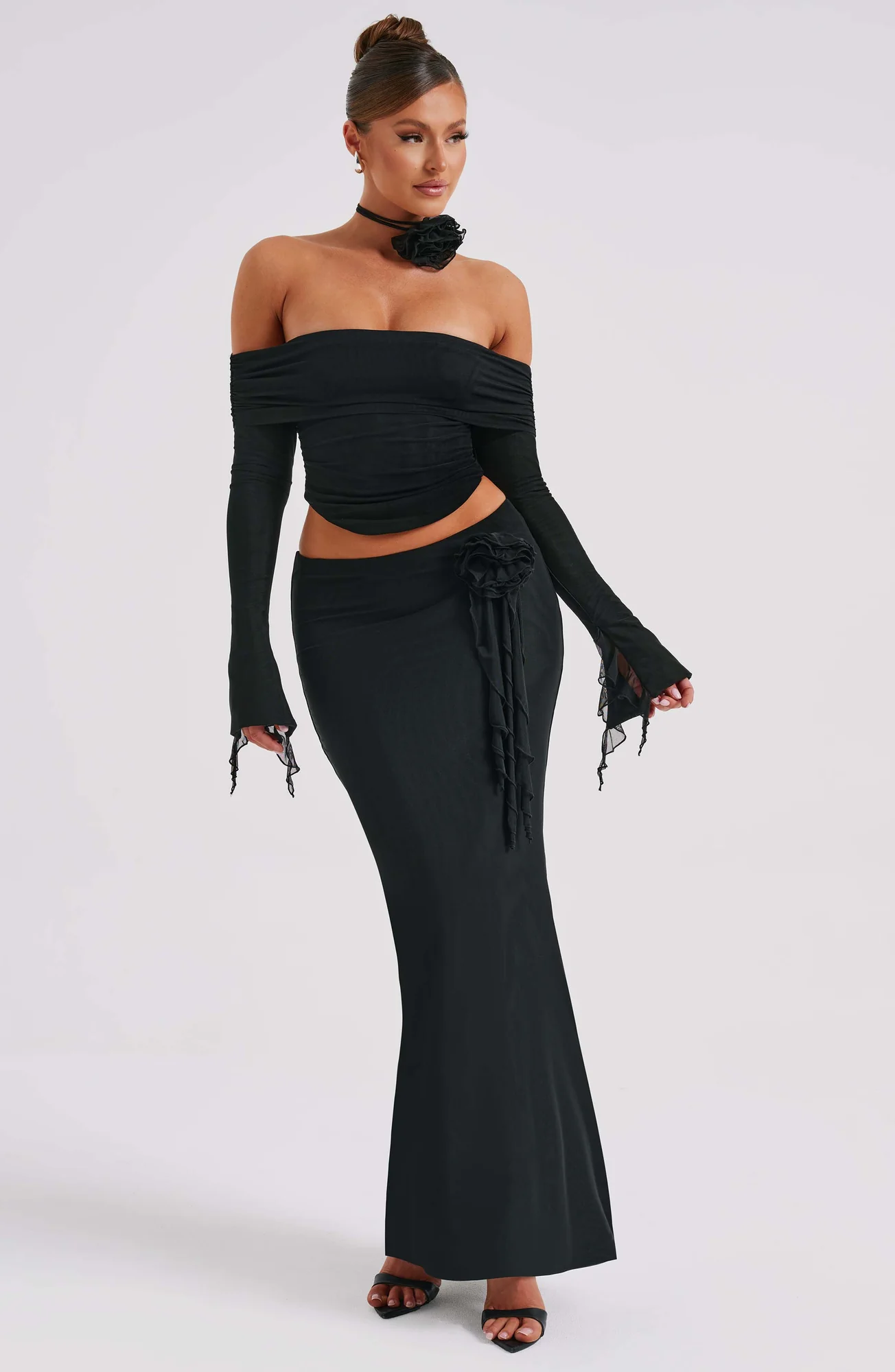 Black Double Layered Mesh Maxi Skirt - Figure-Hugging Fit