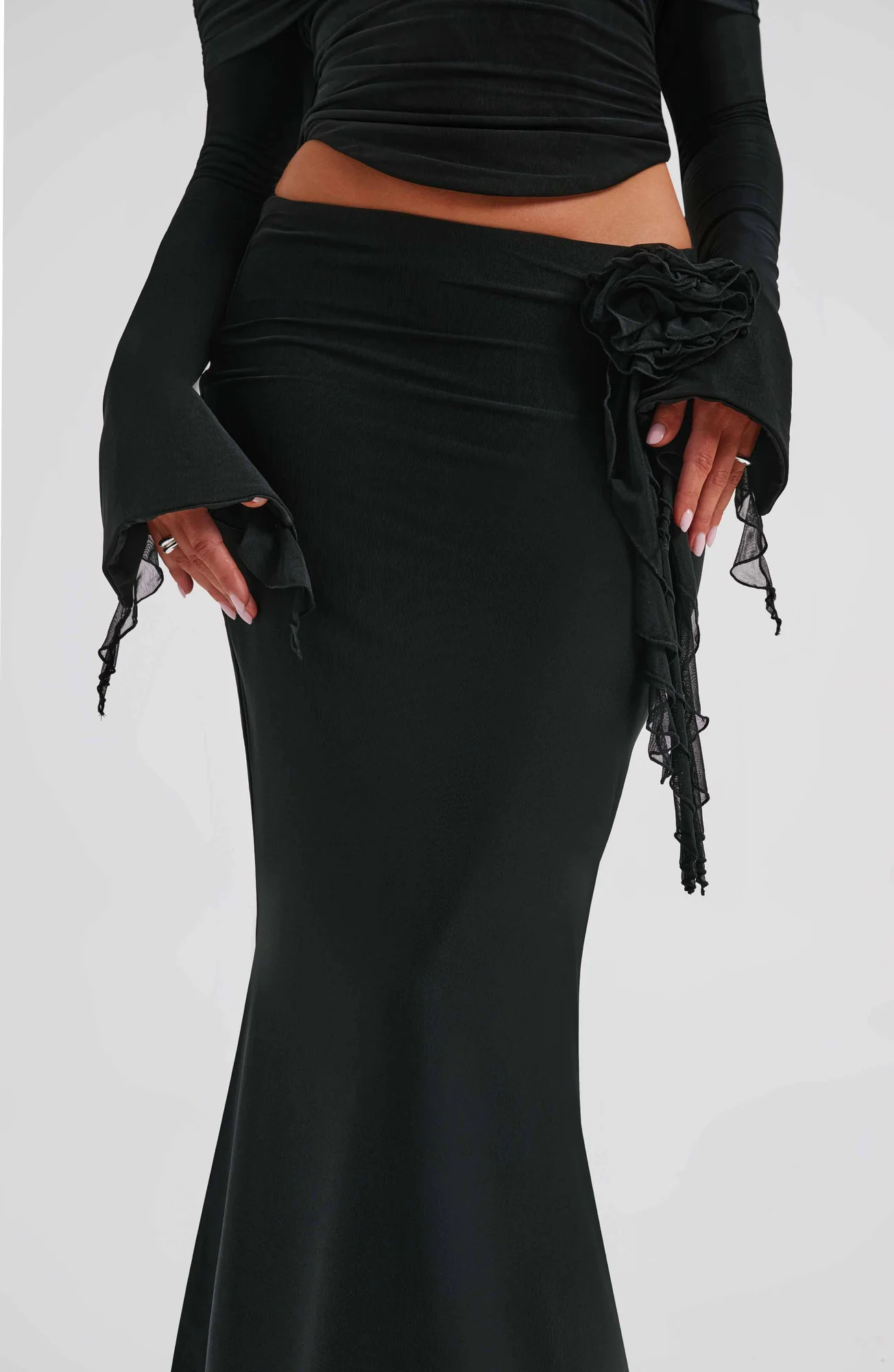 Black Double Layered Mesh Maxi Skirt - Figure-Hugging Fit