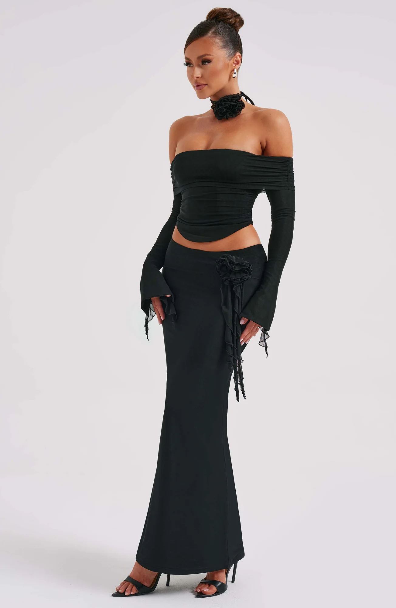 Black Double Layered Mesh Maxi Skirt - Figure-Hugging Fit