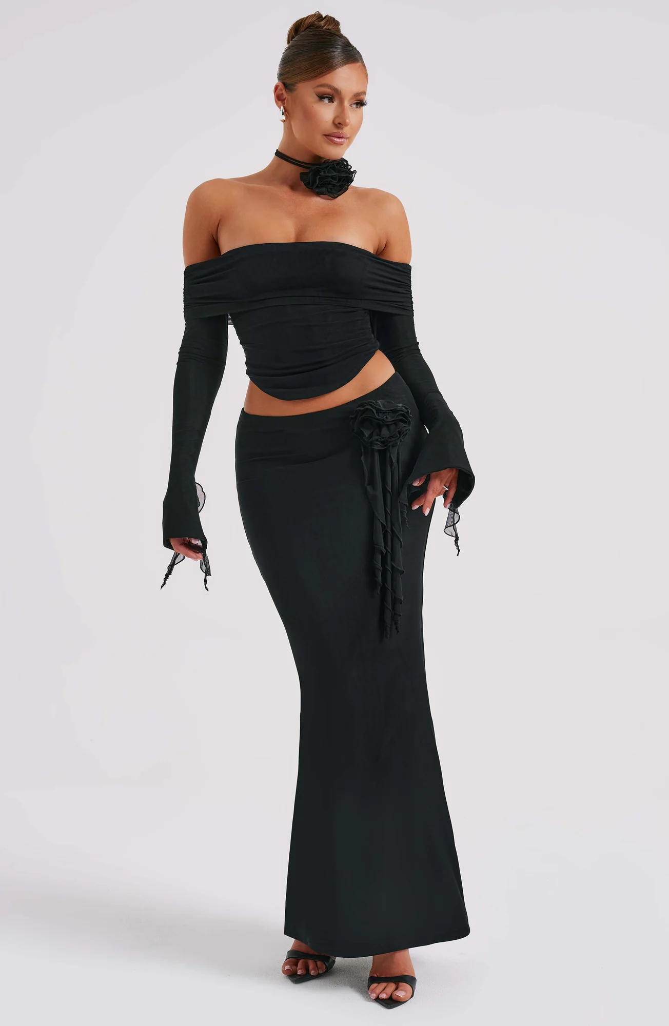 Black Double Layered Mesh Maxi Skirt - Figure-Hugging Fit
