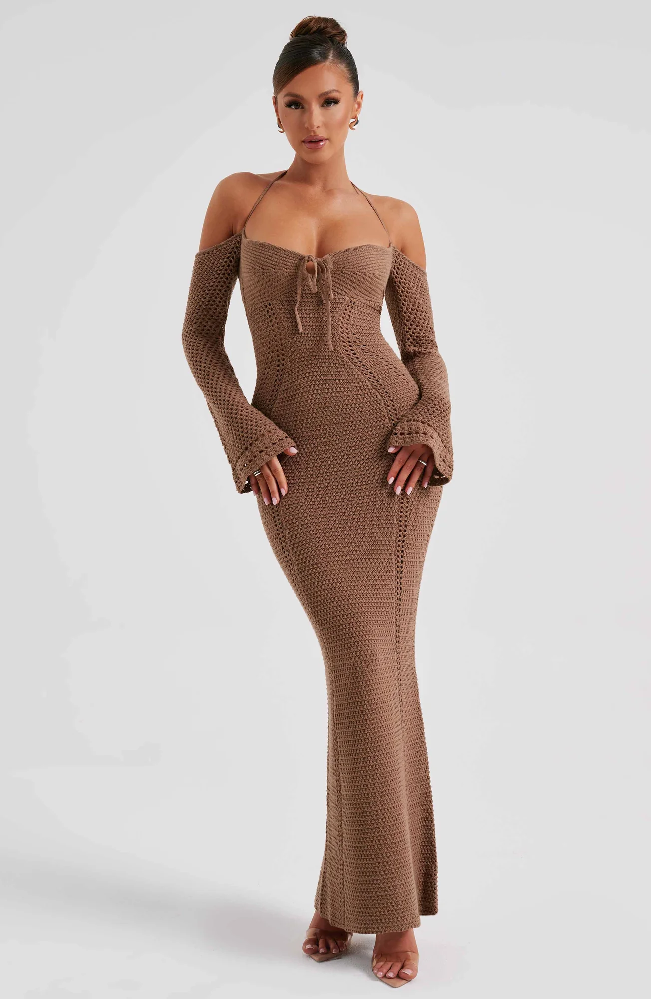 Chocolate Crochet Maxi Dress - Stylish Off-Shoulder Tie Detail