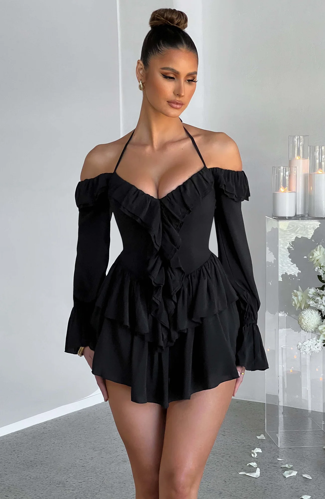 Black Frilly Off-Shoulder Jumpsuit with Ruffle Details