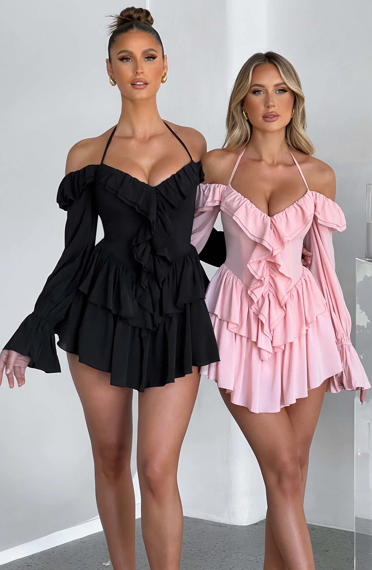 Black Frilly Off-Shoulder Jumpsuit with Ruffle Details