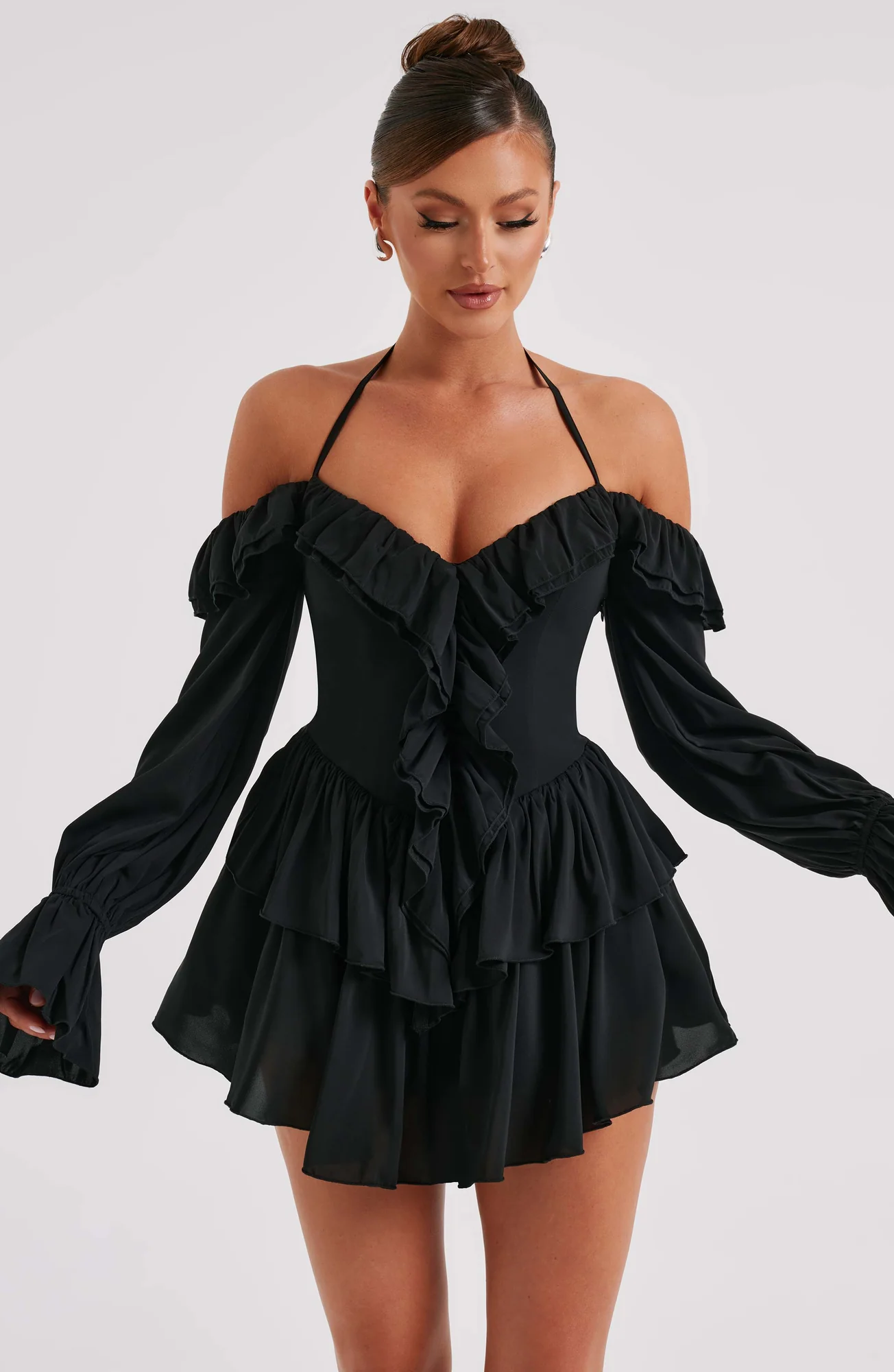 Black Frilly Off-Shoulder Jumpsuit with Ruffle Details