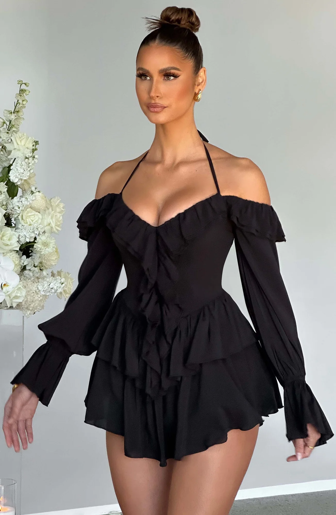Black Frilly Off-Shoulder Jumpsuit with Ruffle Details