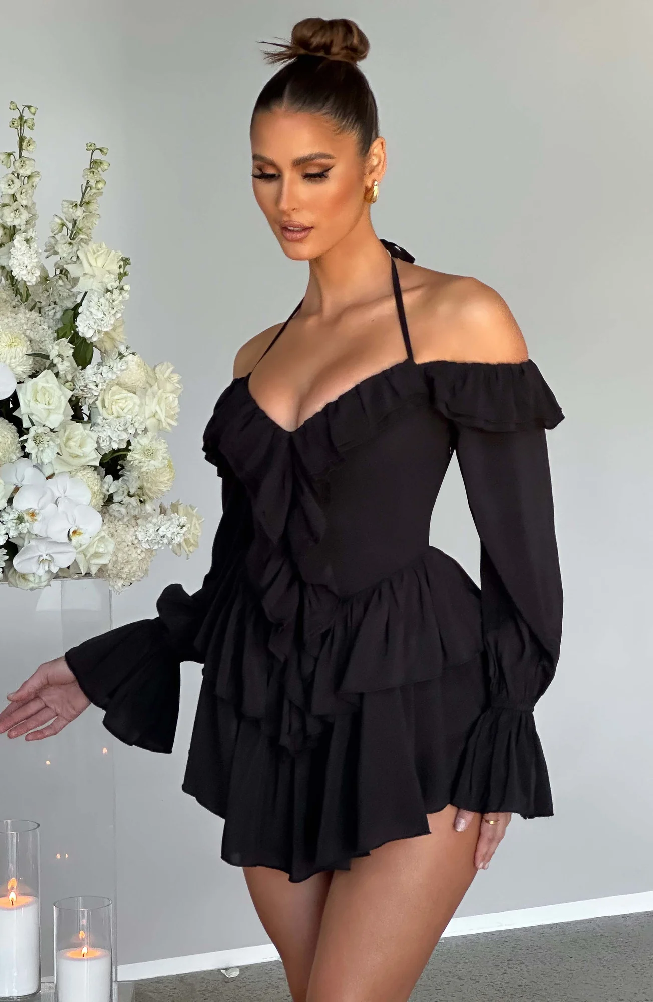 Black Frilly Off-Shoulder Jumpsuit with Ruffle Details