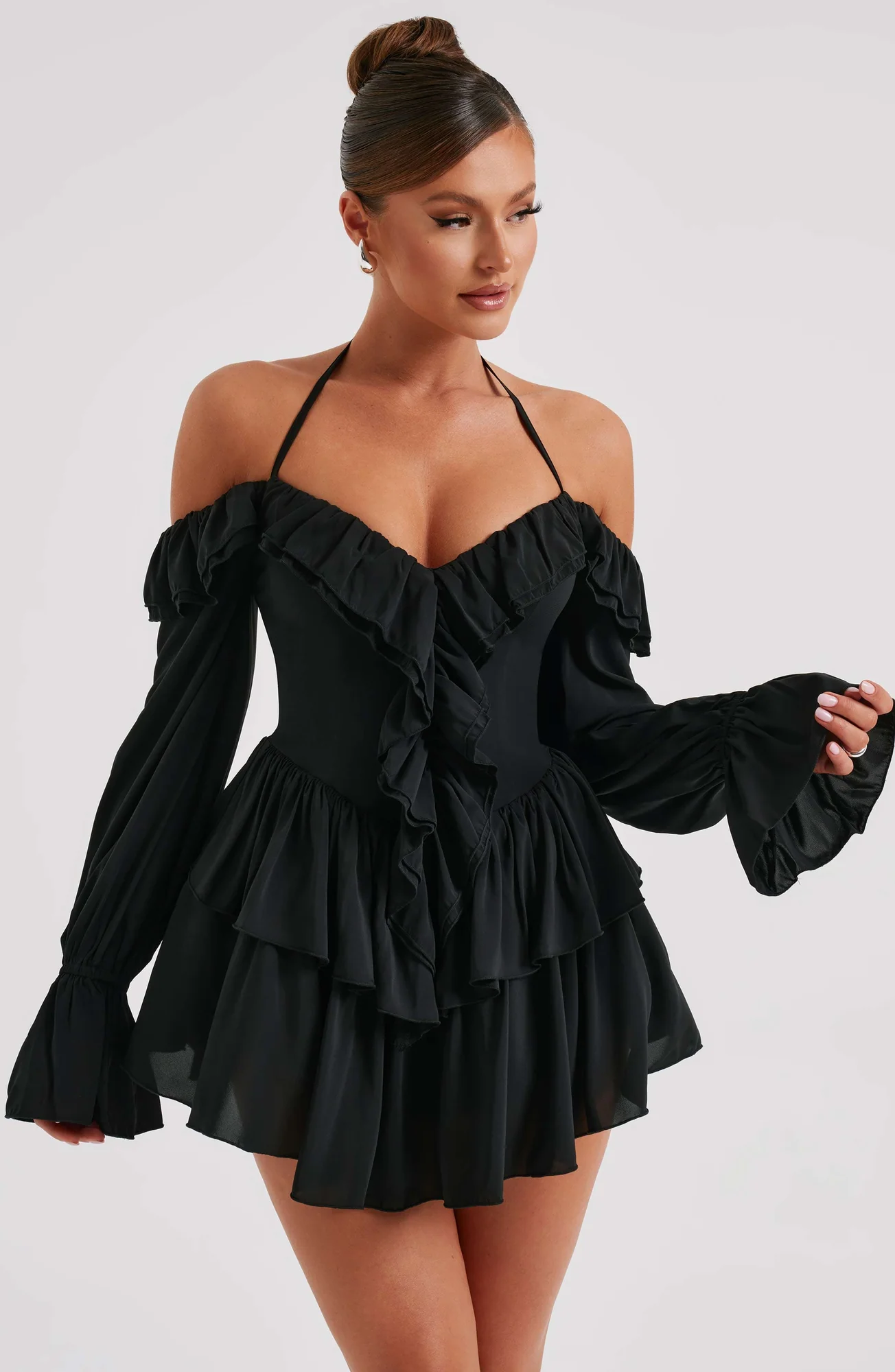 Black Frilly Off-Shoulder Jumpsuit with Ruffle Details