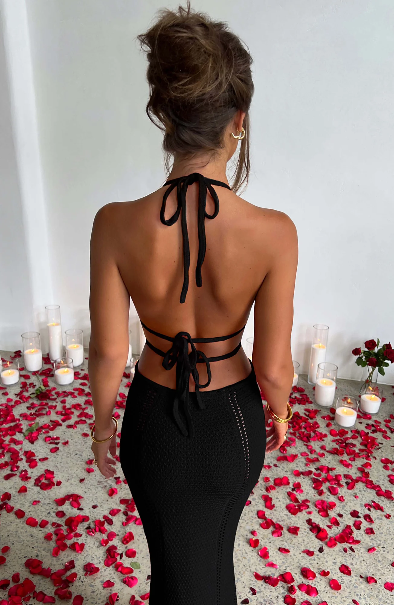 Black Crochet Knit Maxi Dress with Backless Detail