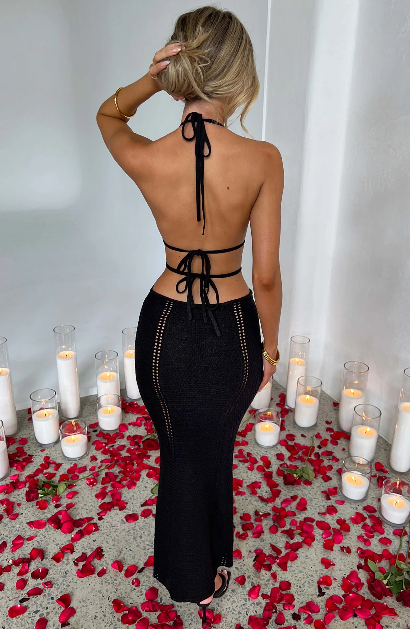 Black Crochet Knit Maxi Dress with Backless Detail