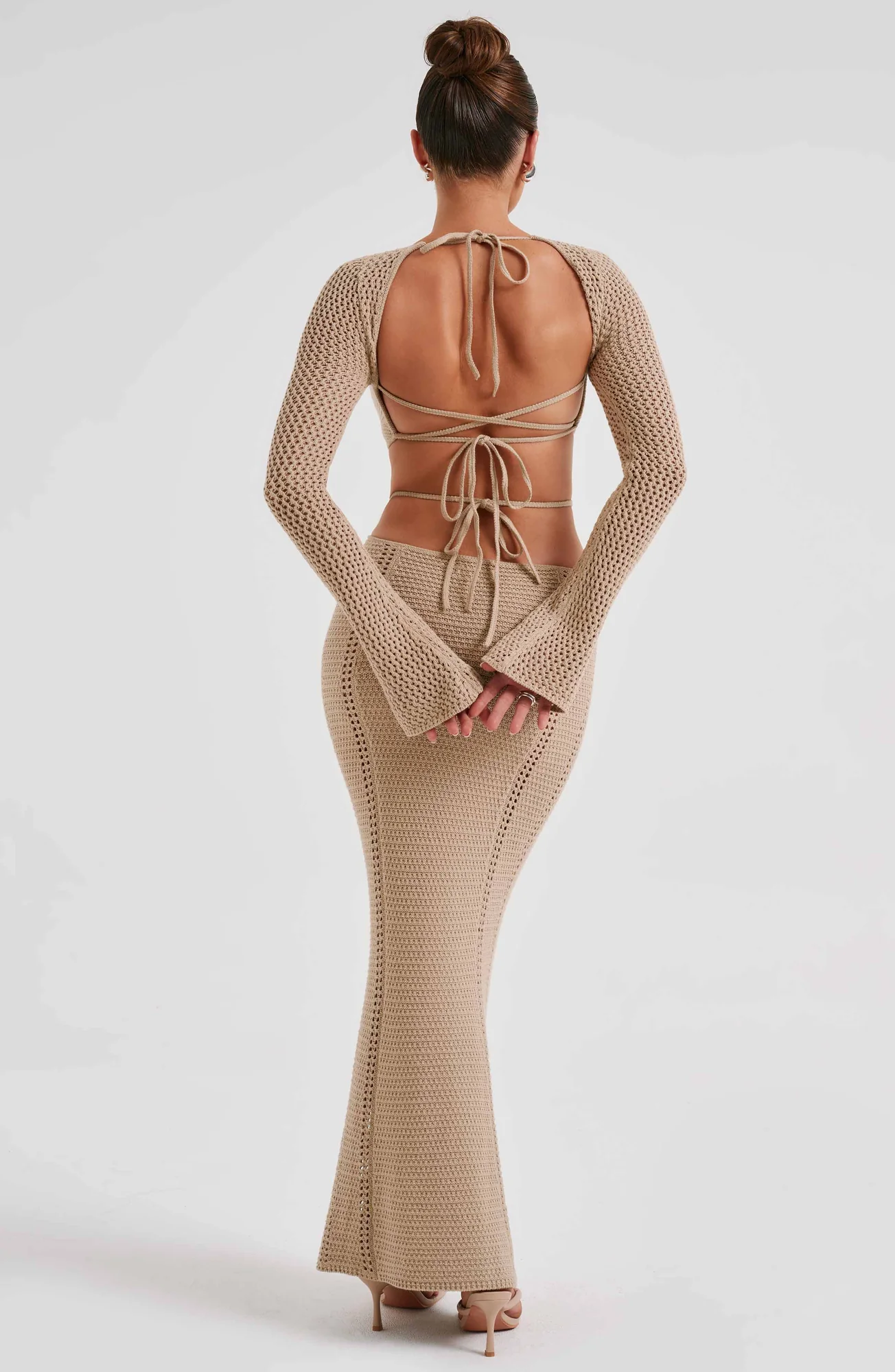 Beige Crochet Maxi Dress with Plunge Neckline and Low Back Detail