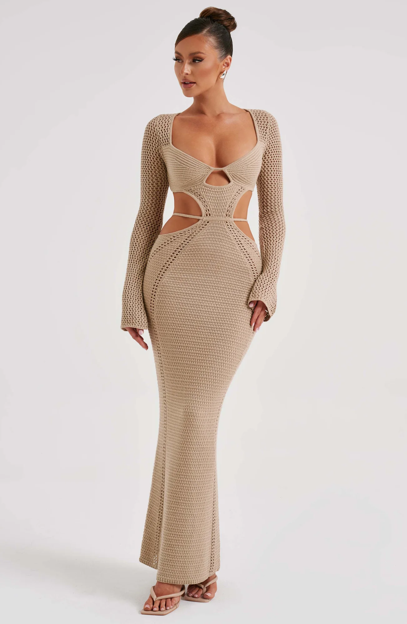 Beige Crochet Maxi Dress with Plunge Neckline and Low Back Detail