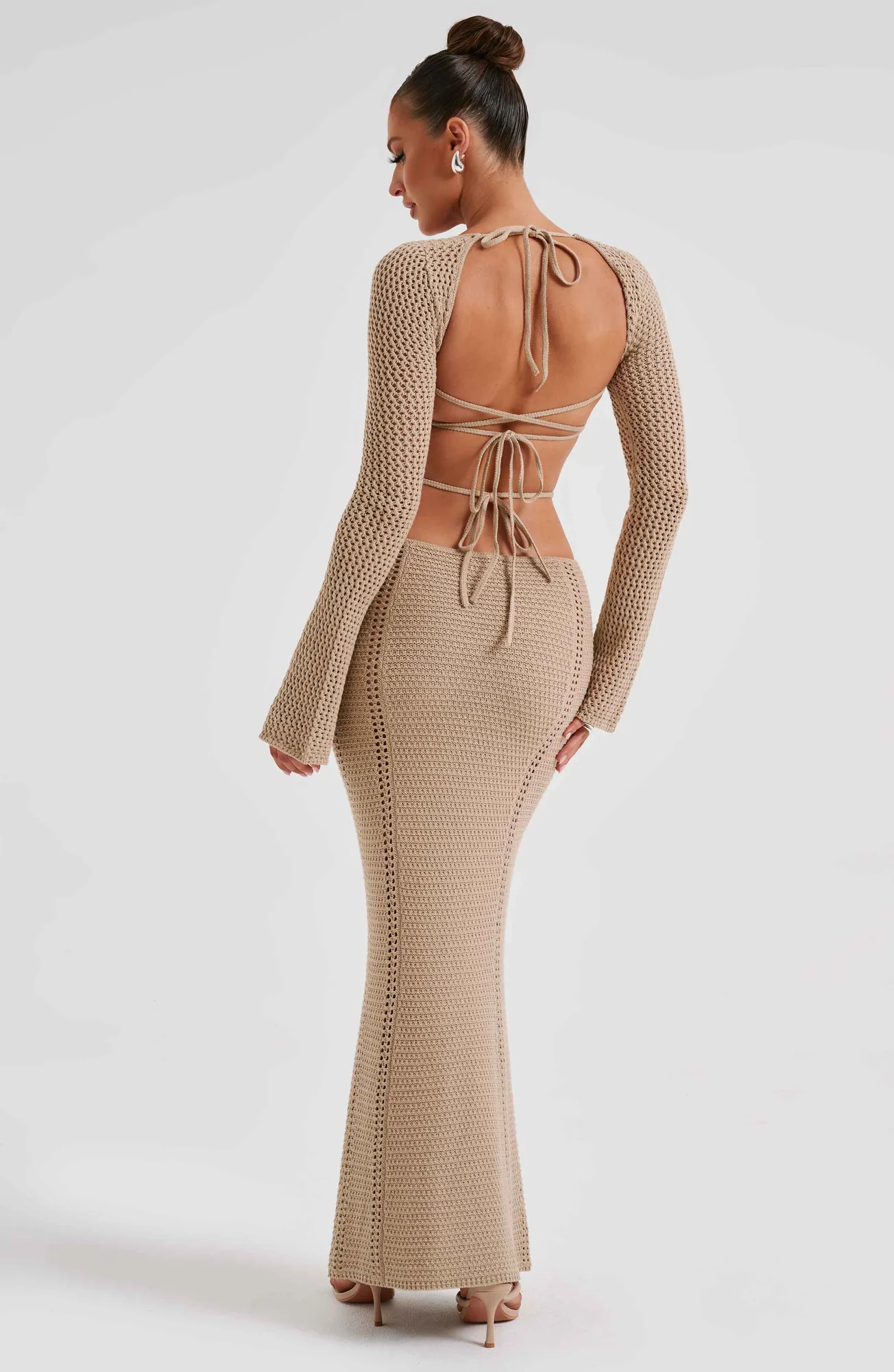 Beige Crochet Maxi Dress with Plunge Neckline and Low Back Detail