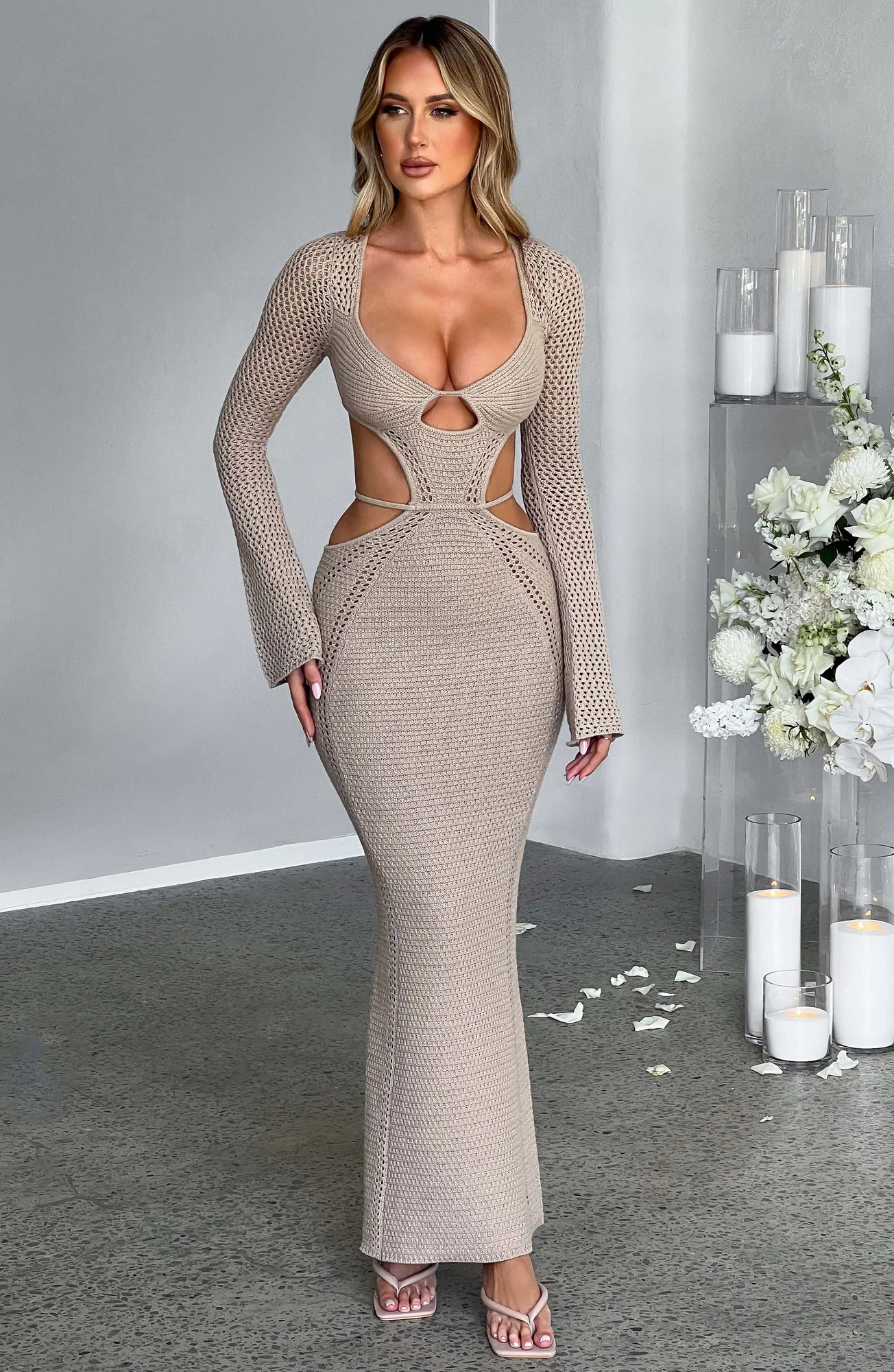 Beige Crochet Maxi Dress with Plunge Neckline and Low Back Detail