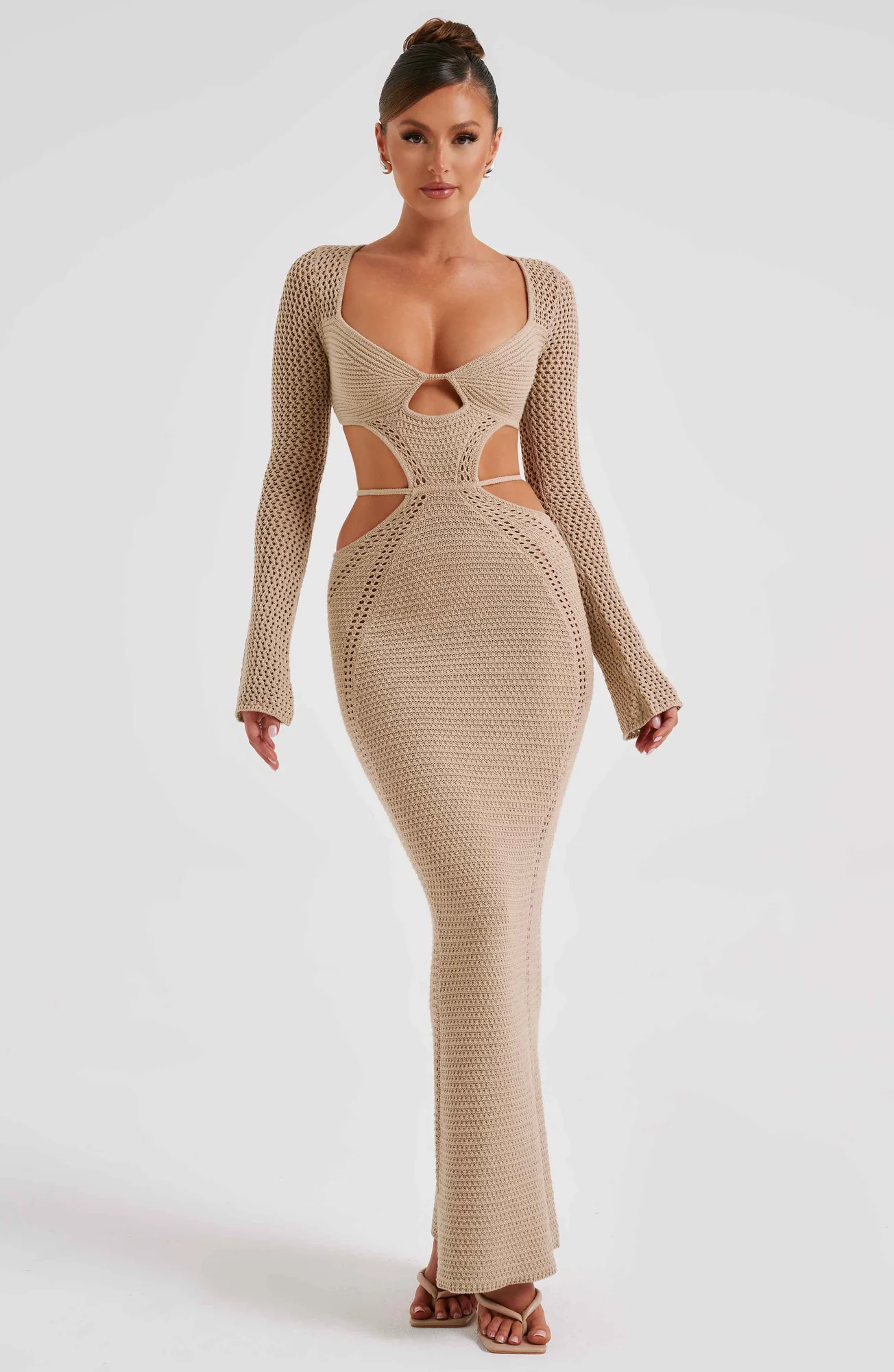 Beige Crochet Maxi Dress with Plunge Neckline and Low Back Detail