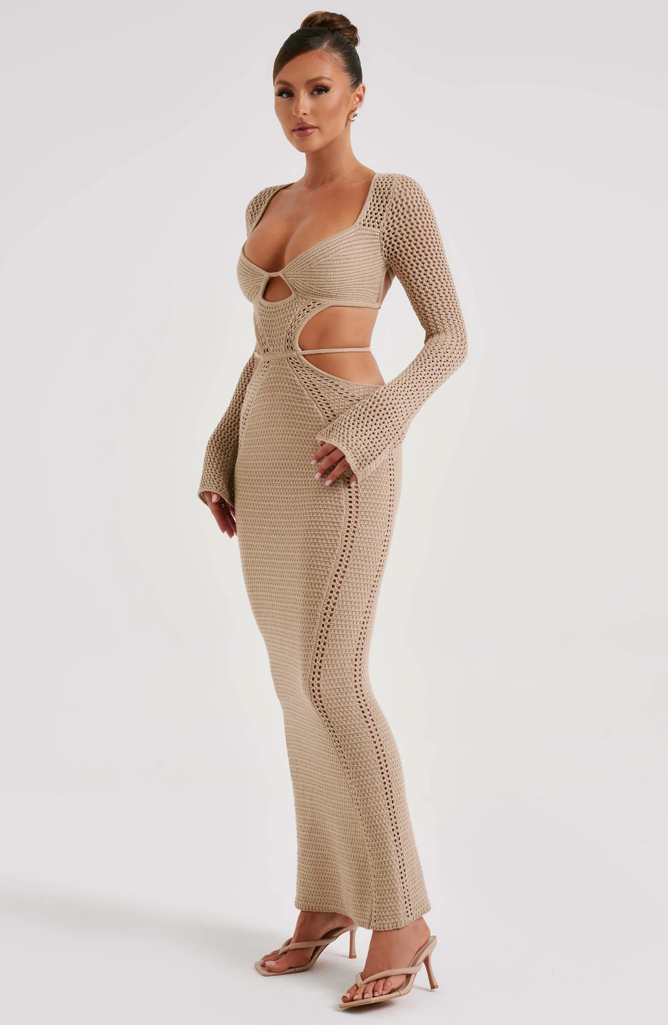 Beige Crochet Maxi Dress with Plunge Neckline and Low Back Detail
