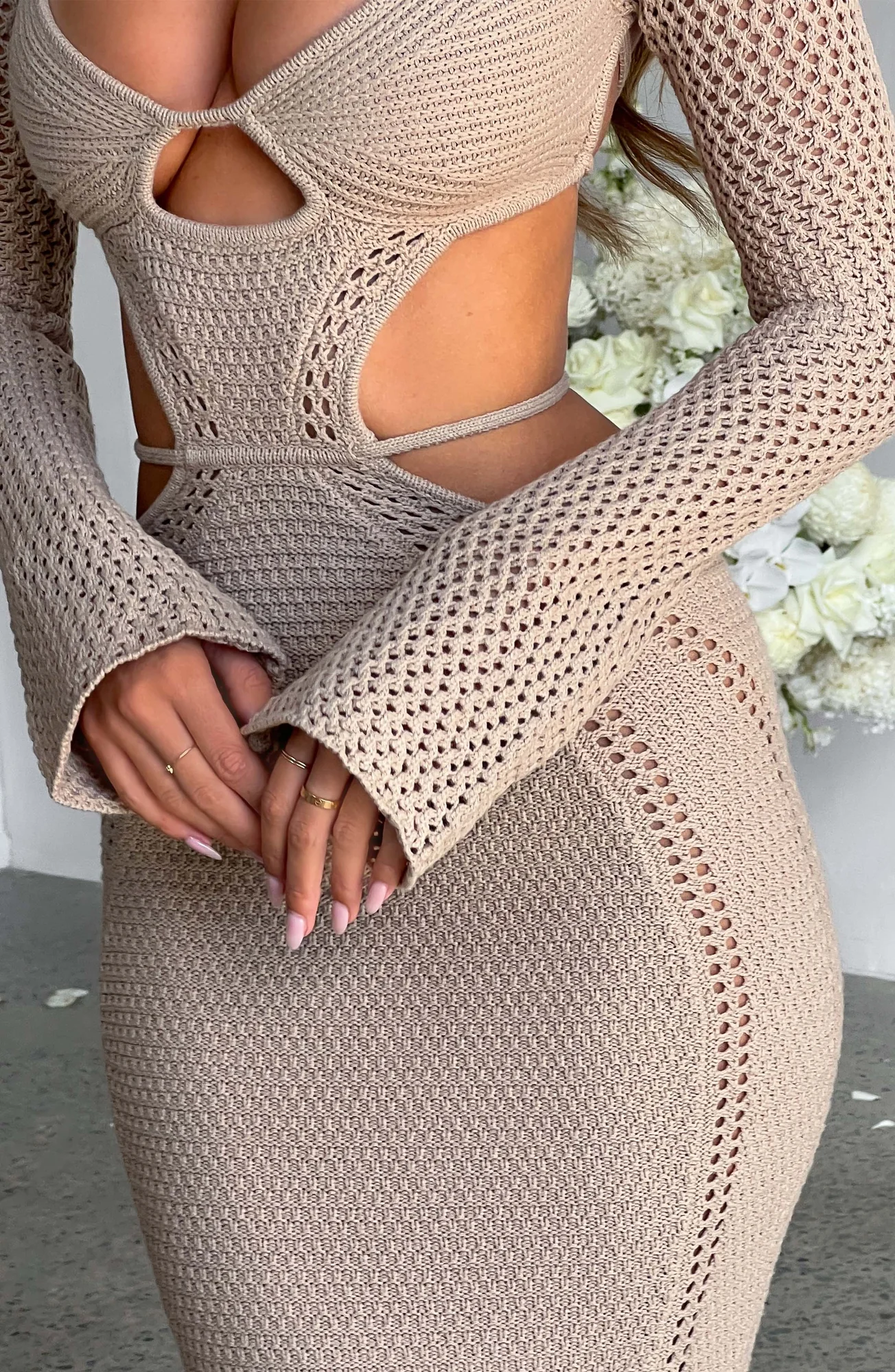 Beige Crochet Maxi Dress with Plunge Neckline and Low Back Detail