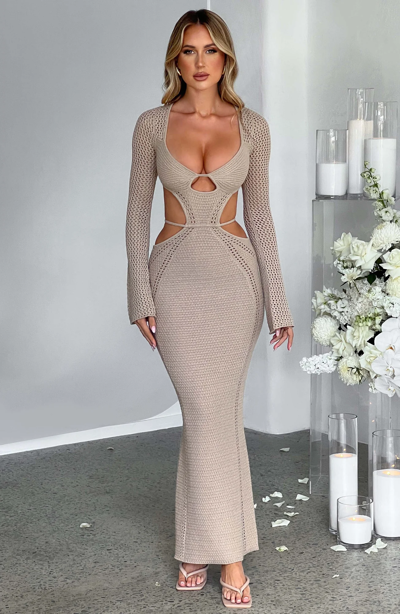 Beige Crochet Maxi Dress with Plunge Neckline and Low Back Detail