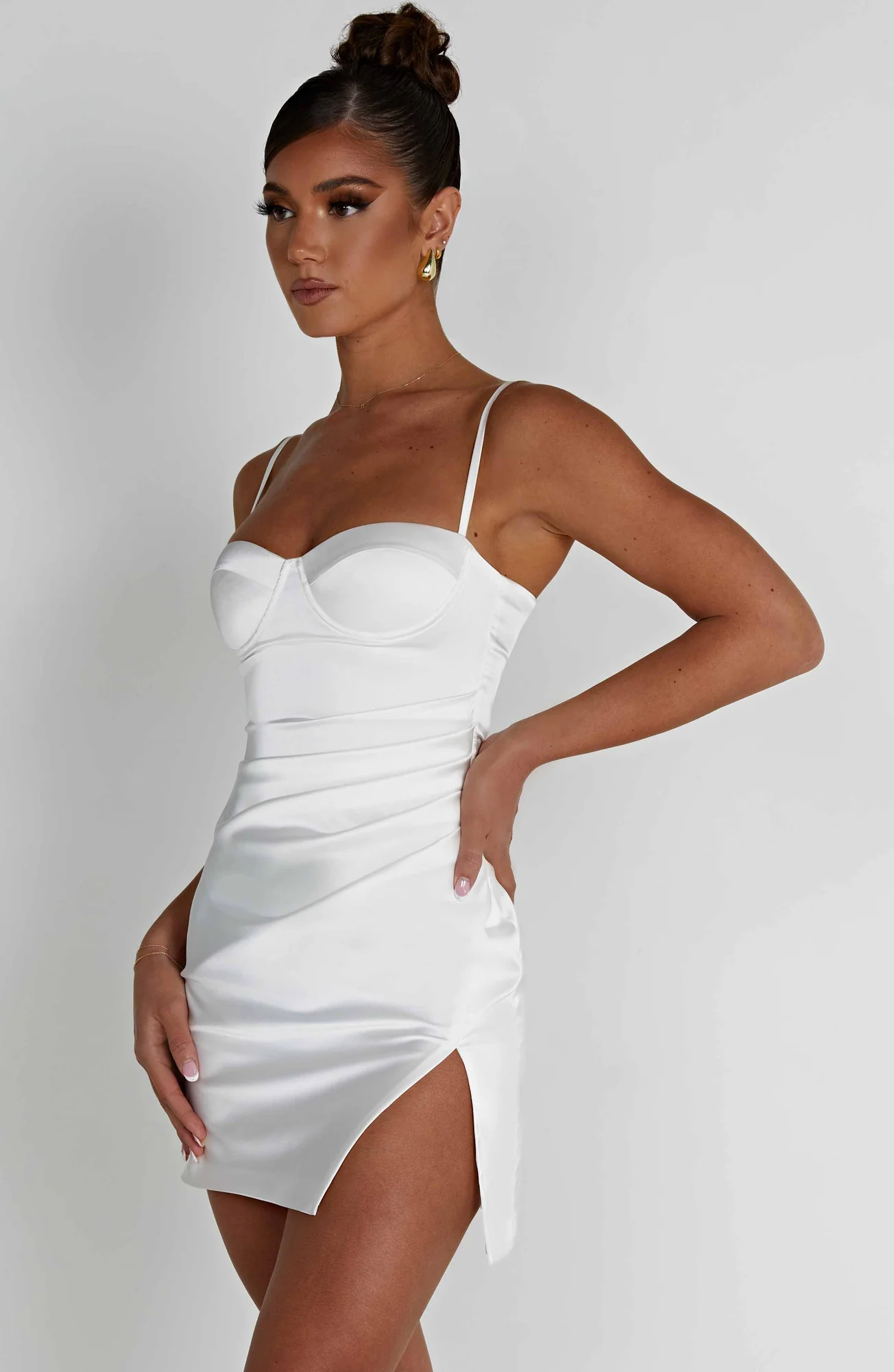 Luxurious Ivory Stretch Satin Halterneck Mini Dress