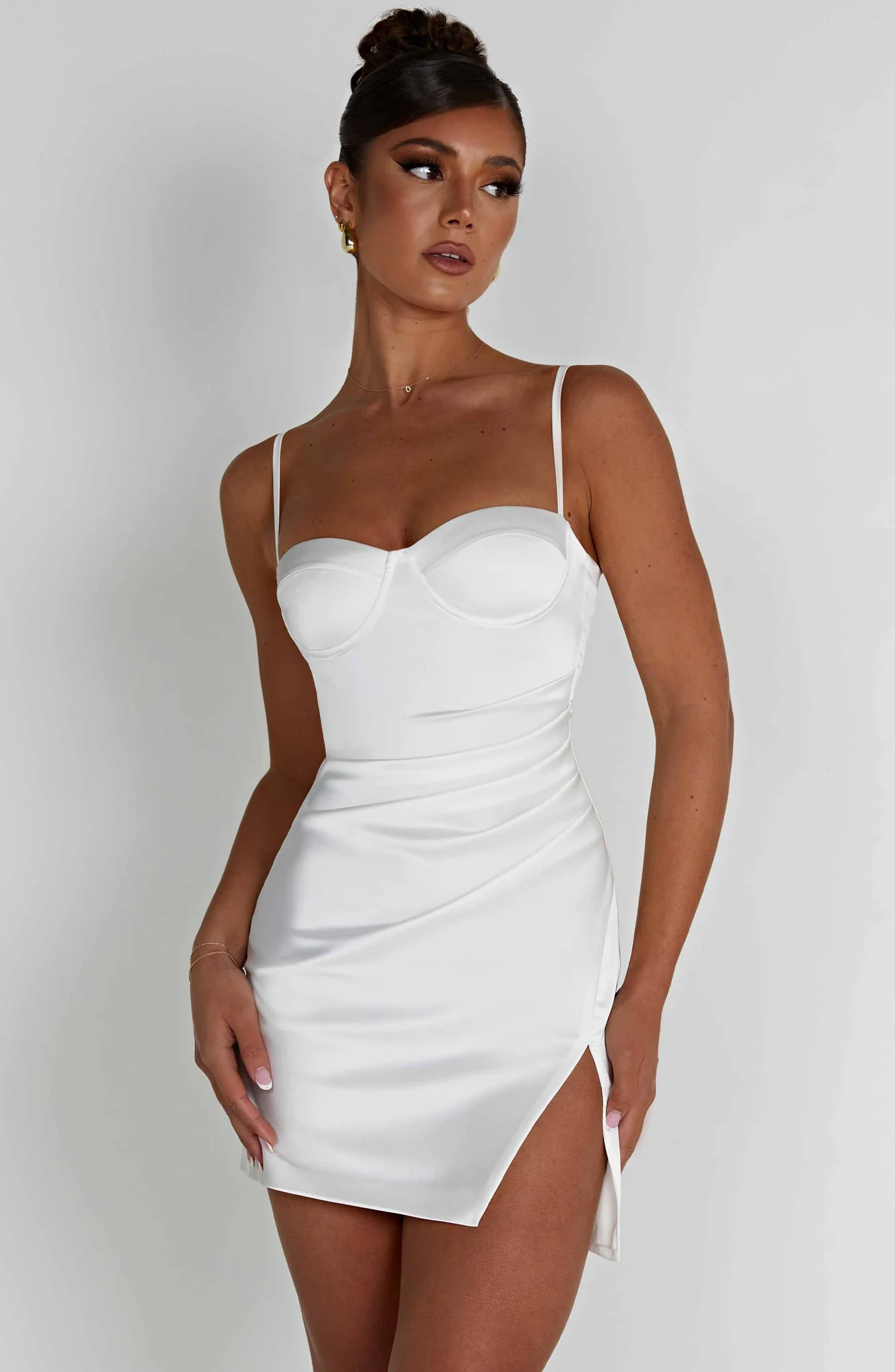 Luxurious Ivory Stretch Satin Halterneck Mini Dress