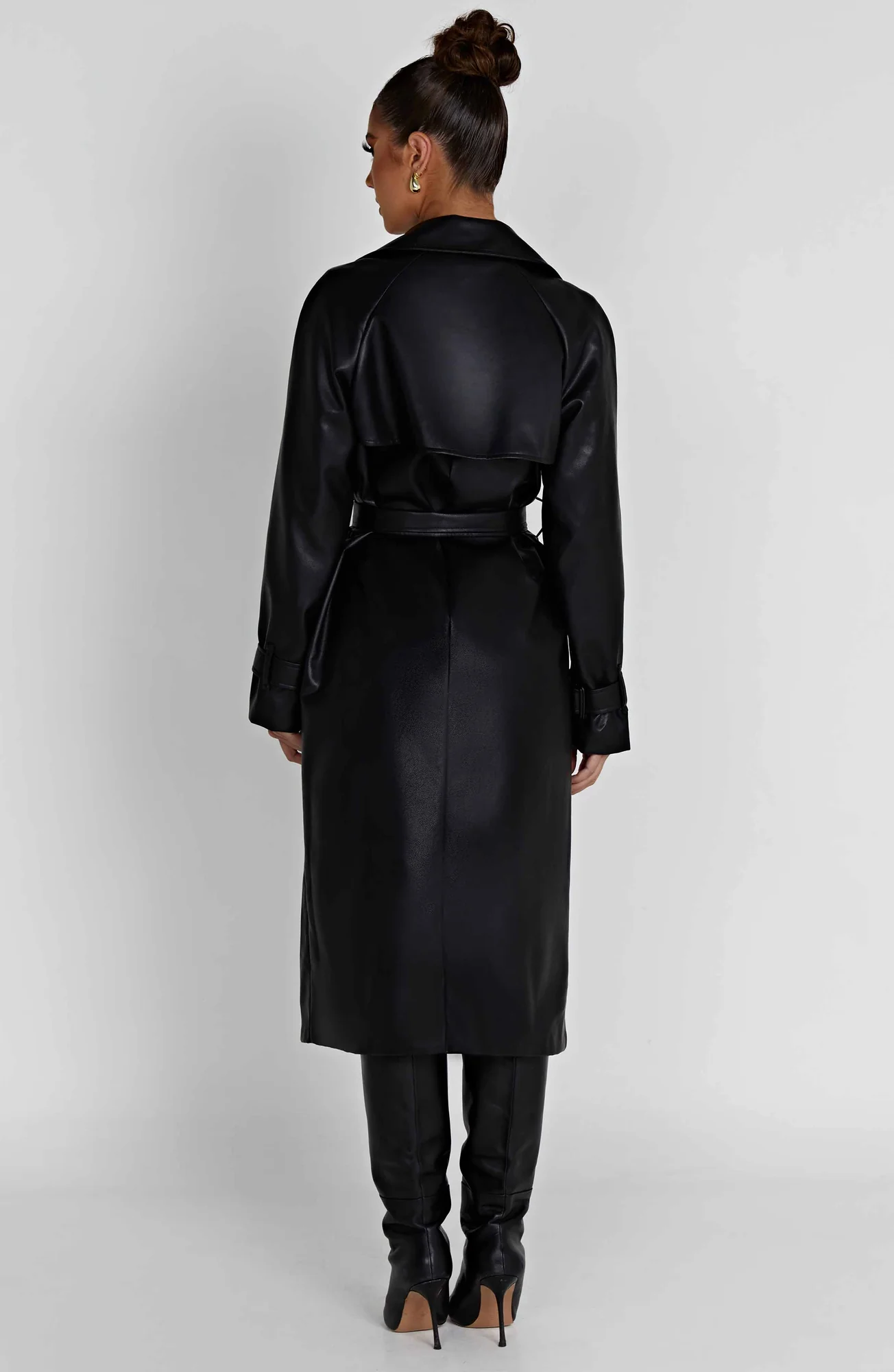 Black Faux Leather Trench Coat - Chic Double Breasted Design
