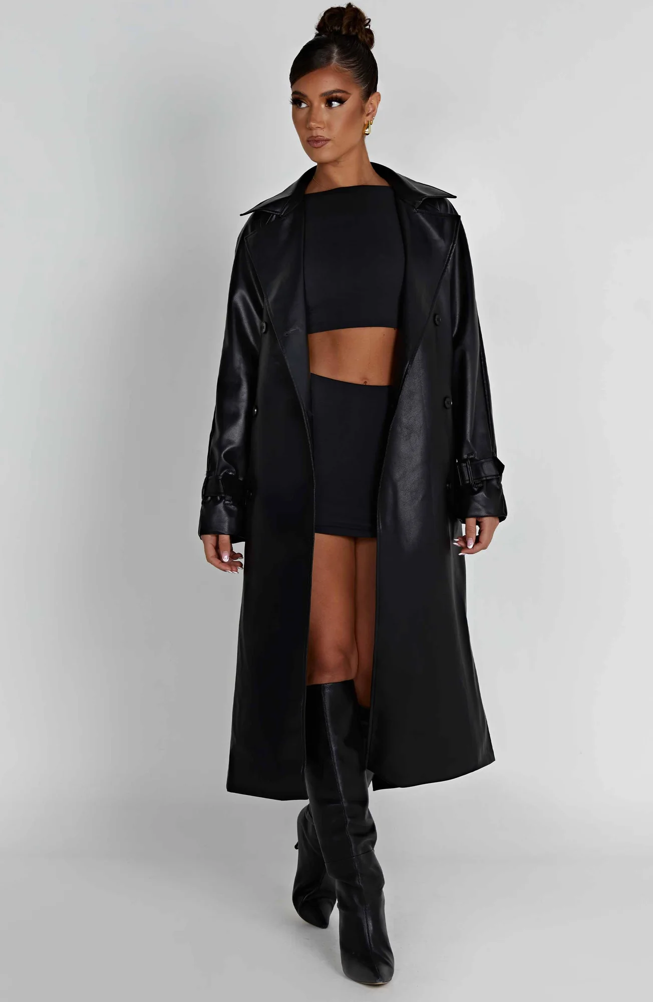 Black Faux Leather Trench Coat - Chic Double Breasted Design