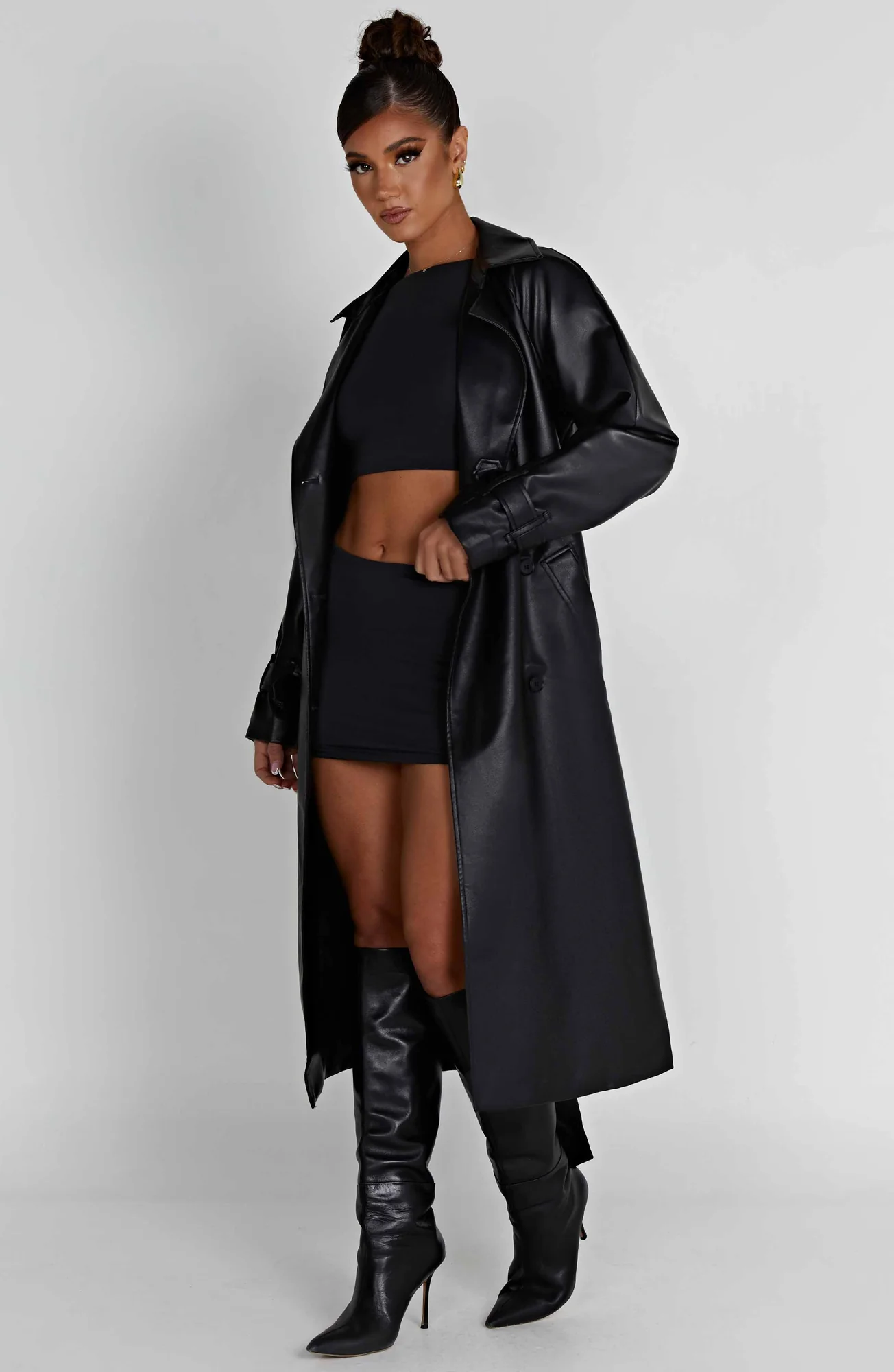 Black Faux Leather Trench Coat - Chic Double Breasted Design