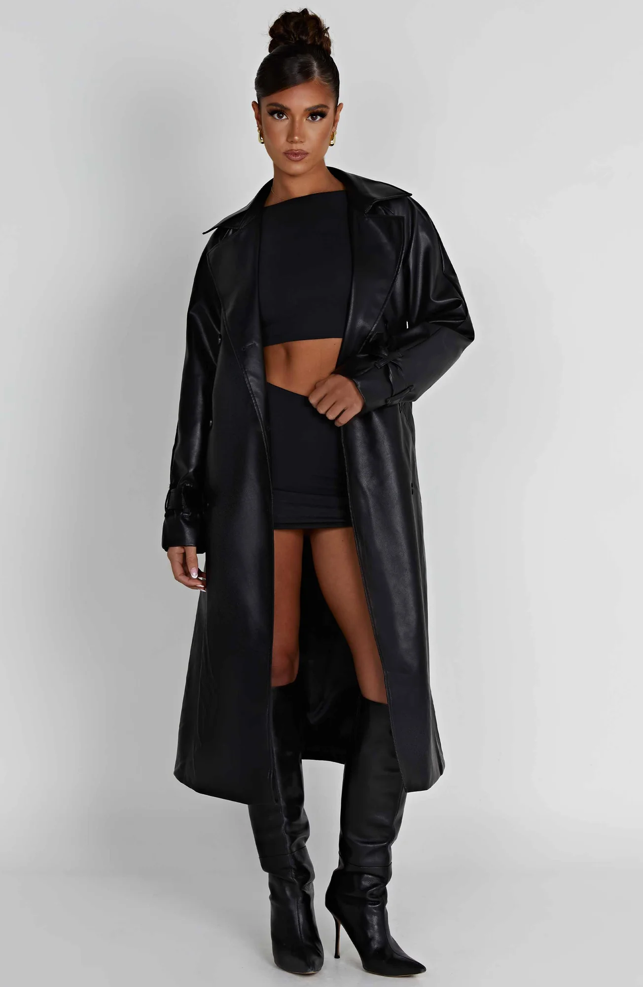 Black Faux Leather Trench Coat - Chic Double Breasted Design