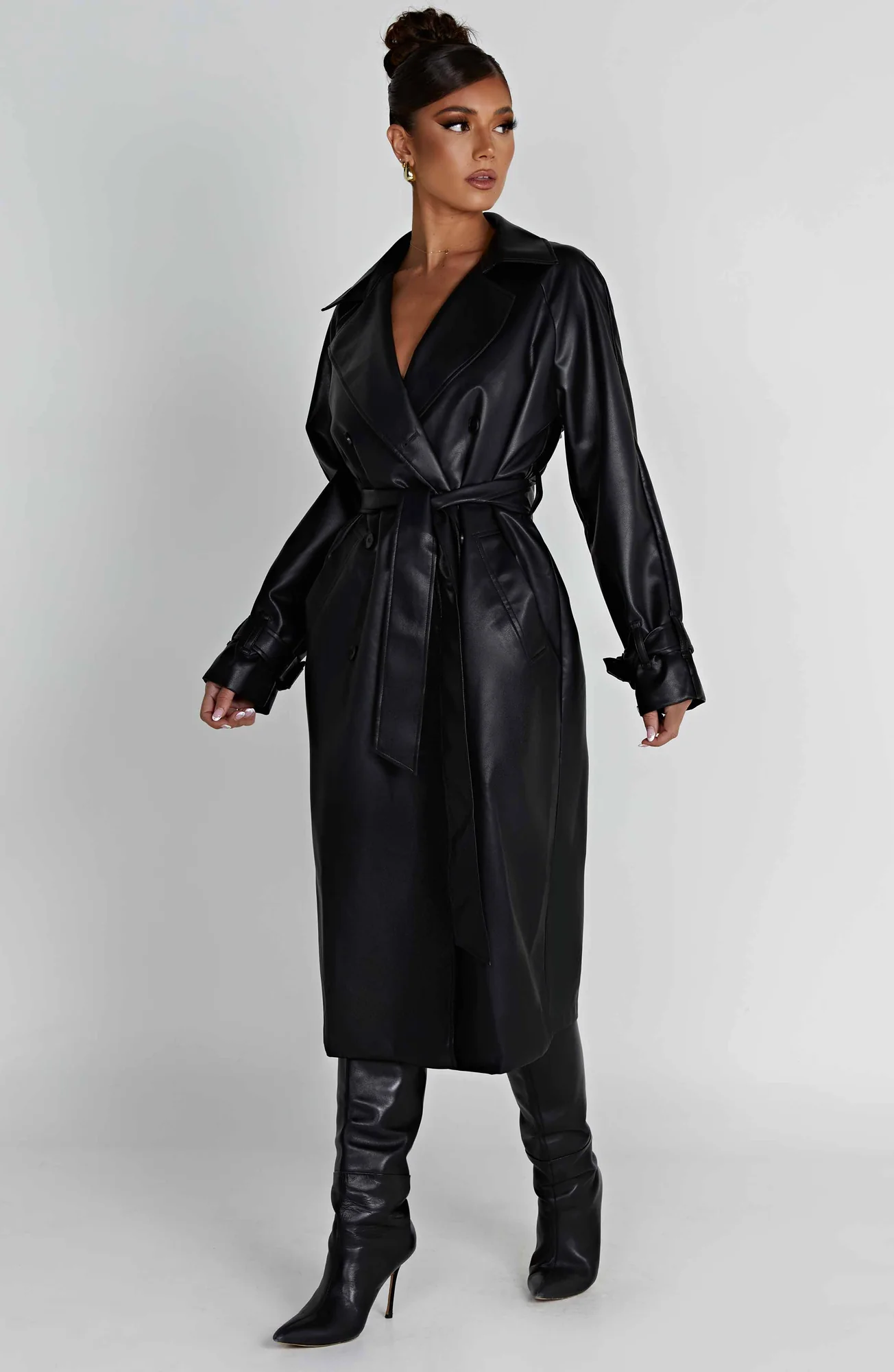 Black Faux Leather Trench Coat - Chic Double Breasted Design