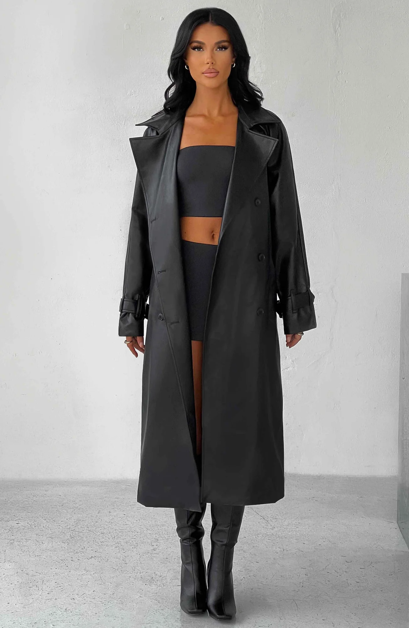 Black Faux Leather Trench Coat - Chic Double Breasted Design