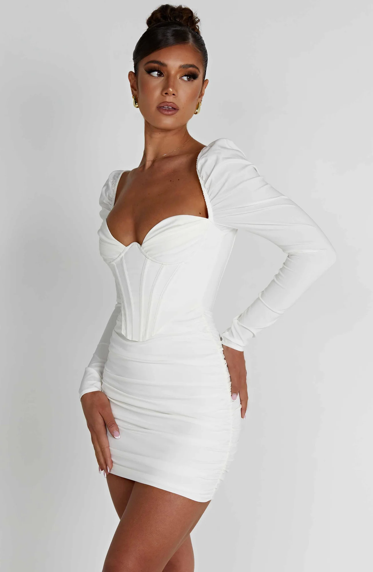 Ruched Corseted White Mini Dress - Premium Cotton