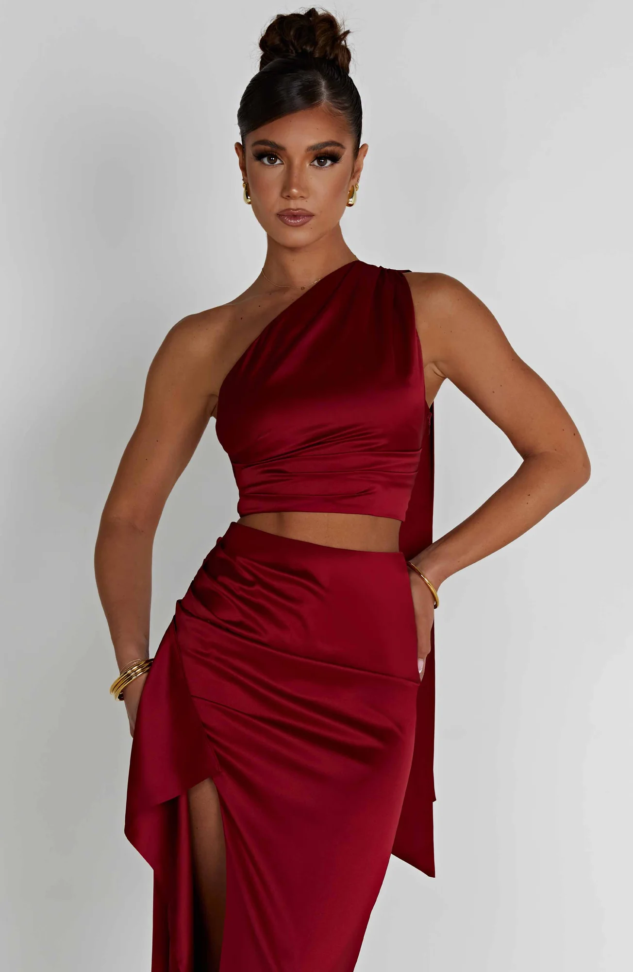 Satin One Shoulder Crop Top Wine Halsey Style