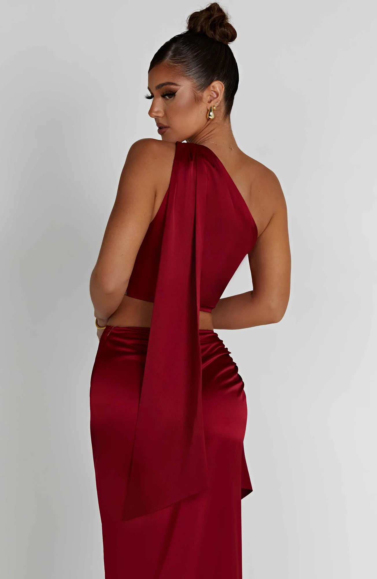 Satin One Shoulder Crop Top Wine Halsey Style