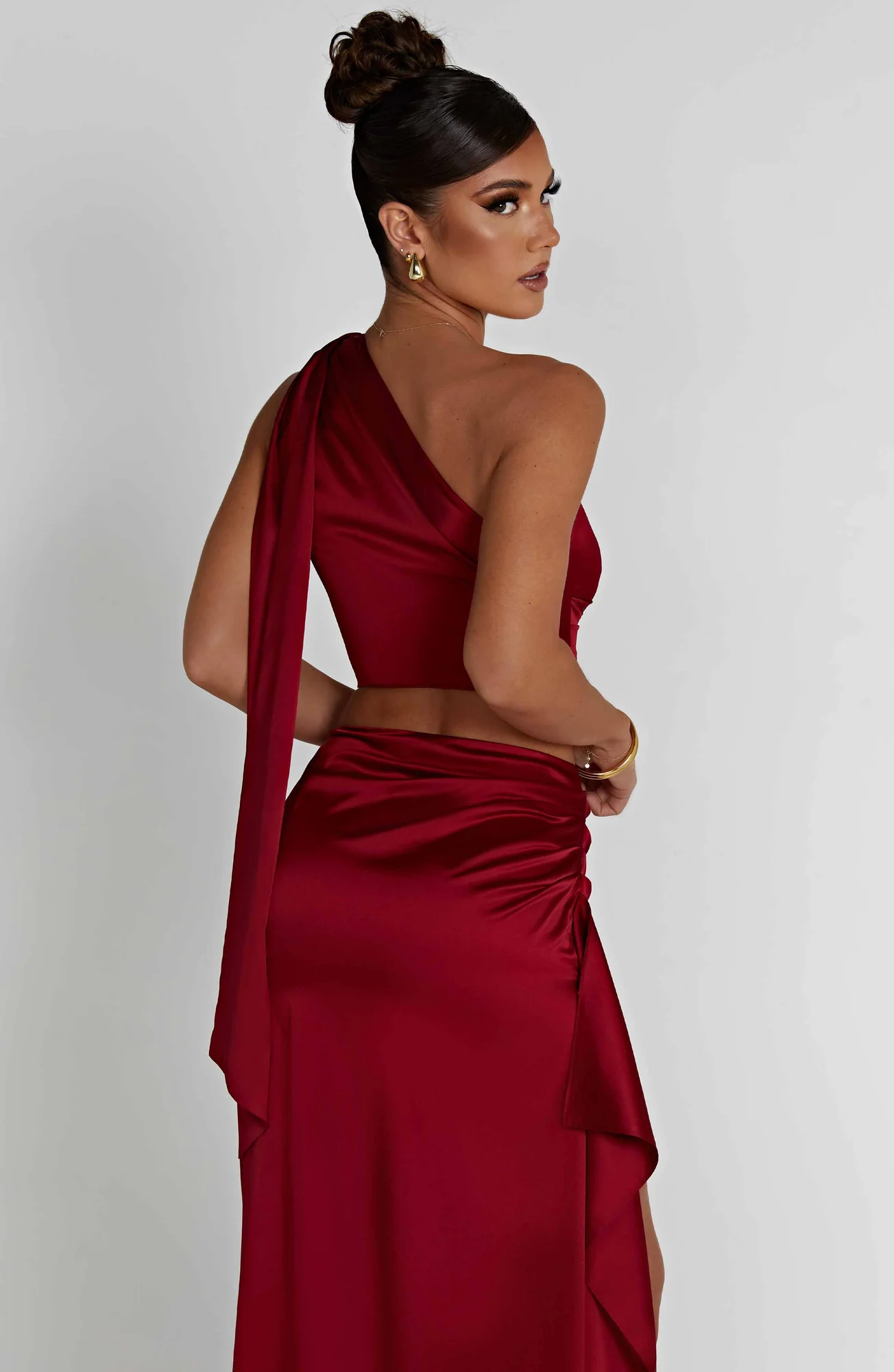 Satin One Shoulder Crop Top Wine Halsey Style