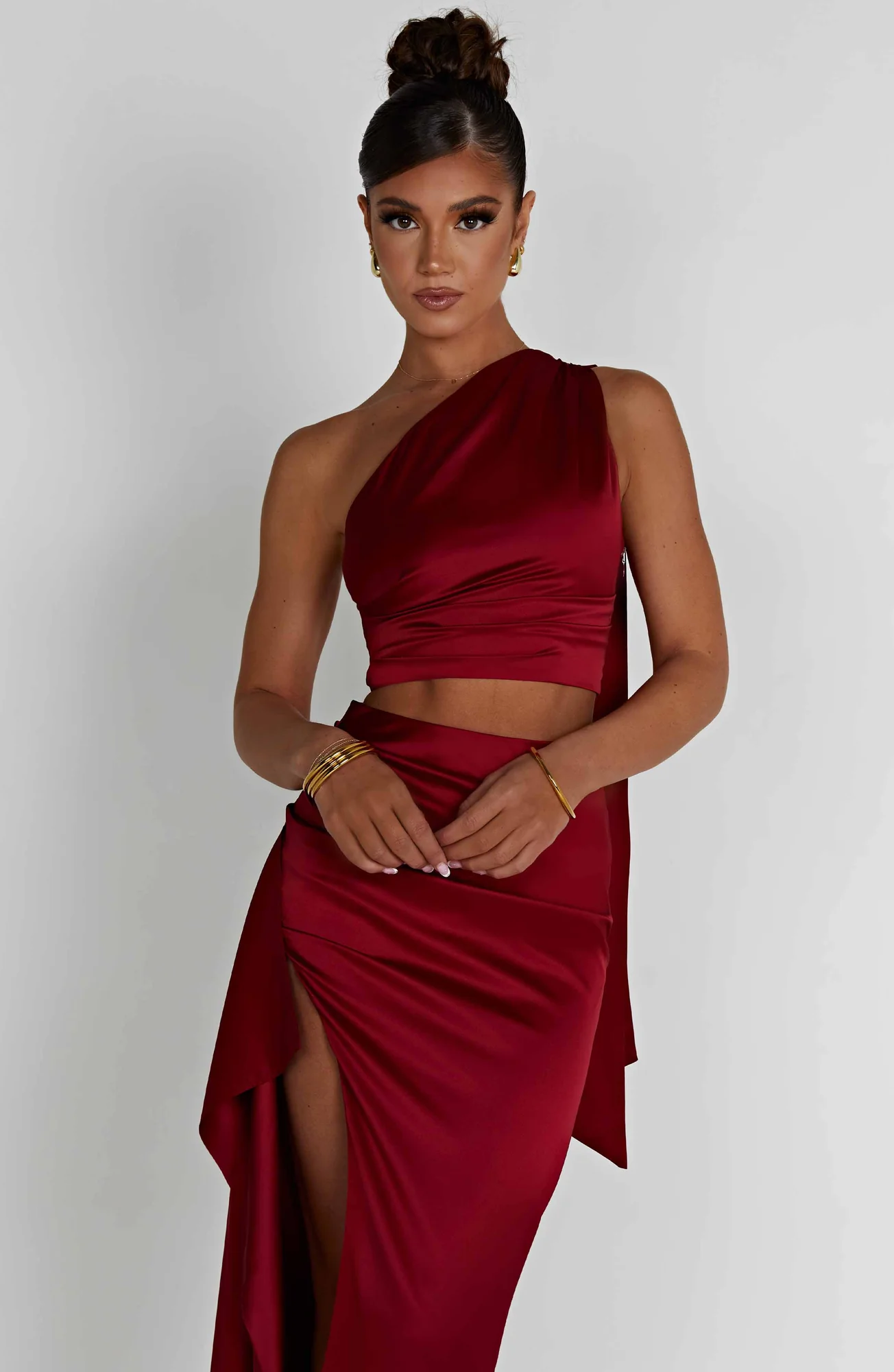 Satin One Shoulder Crop Top Wine Halsey Style
