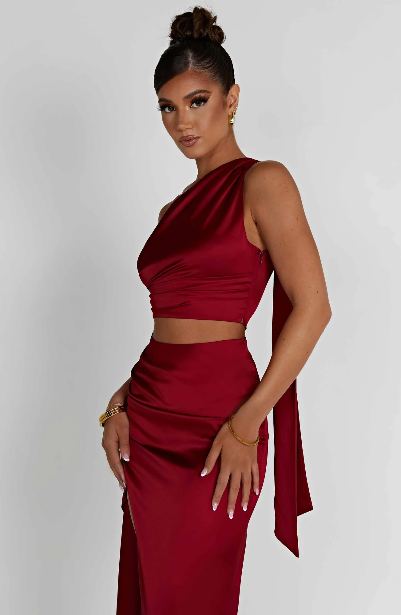 Satin One Shoulder Crop Top Wine Halsey Style