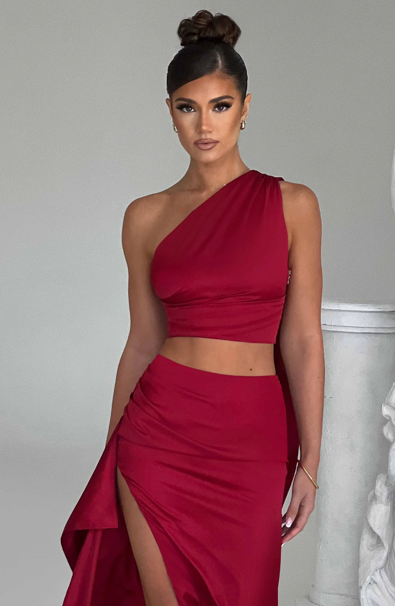 Satin One Shoulder Crop Top Wine Halsey Style