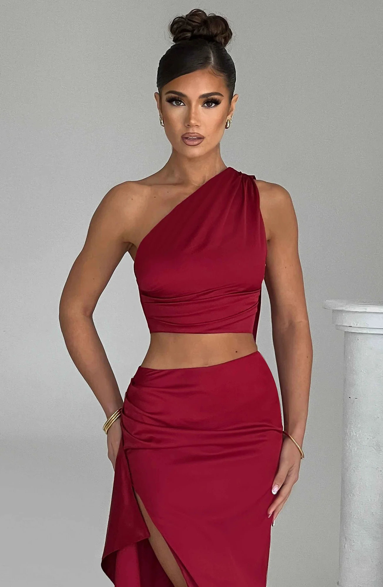 Satin One Shoulder Crop Top Wine Halsey Style