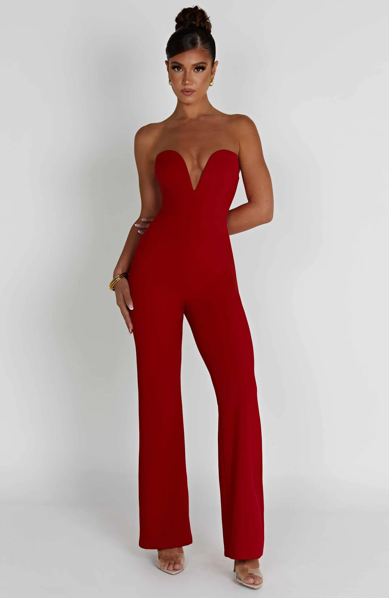 Red Strapless Wide Leg Jumpsuit in Premium Stretch Crepe