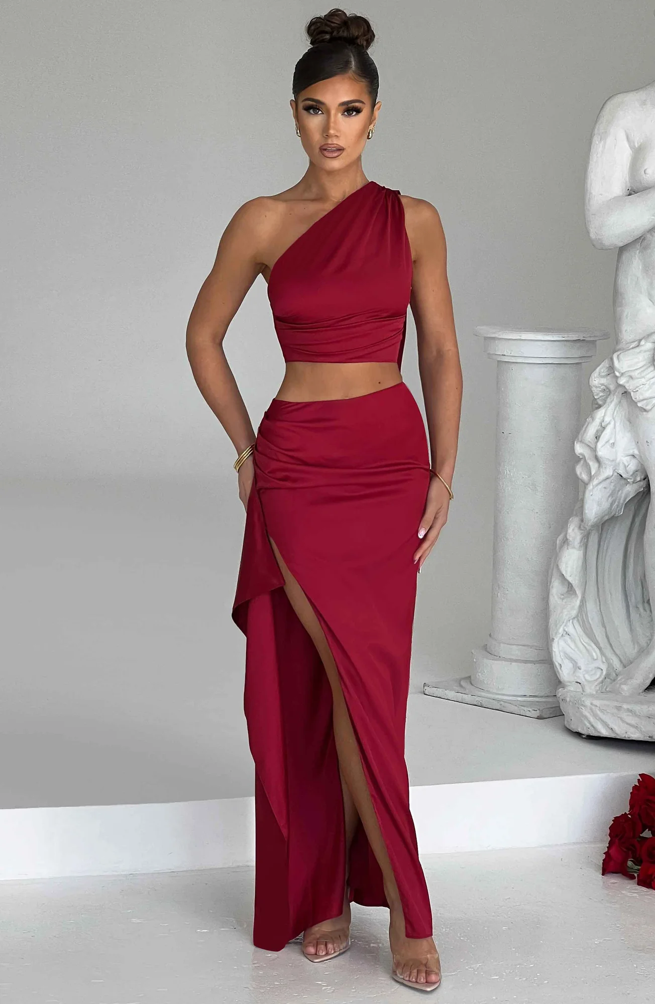 Luxury Wine Satin Maxi Skirt with Thigh High Split