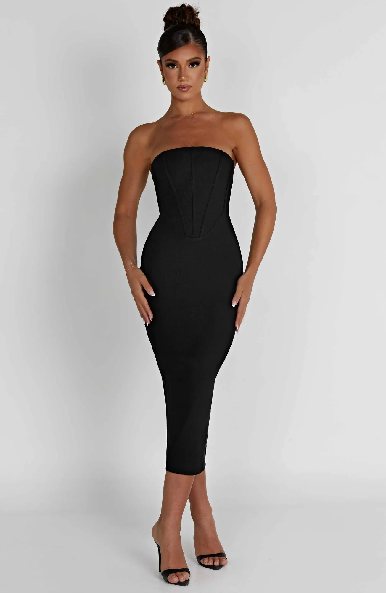 Black Strapless Corset Midi Dress with Waist Cinching - Elegant Style