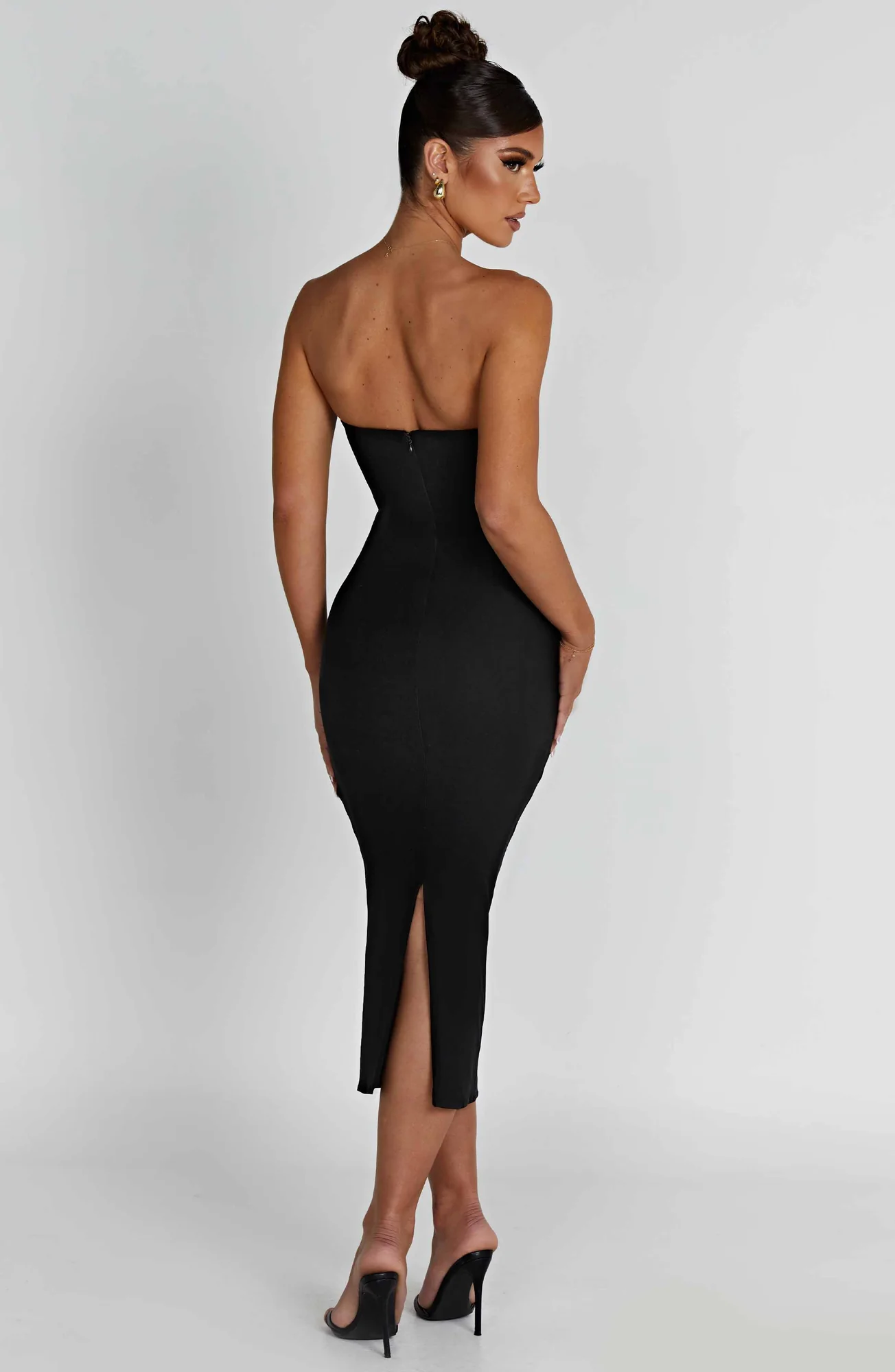 Black Strapless Corset Midi Dress with Waist Cinching - Elegant Style
