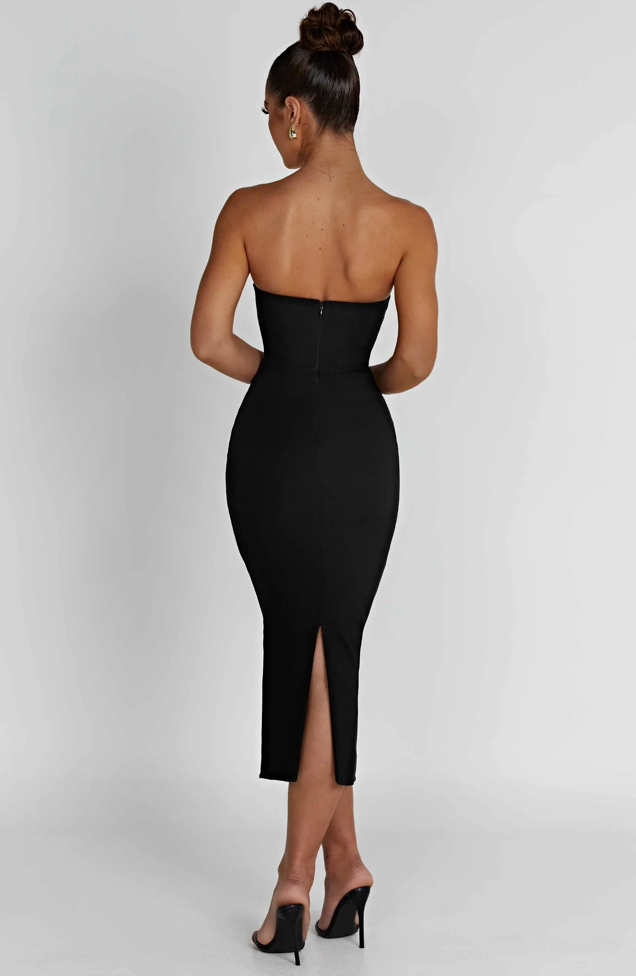 Black Strapless Corset Midi Dress with Waist Cinching - Elegant Style