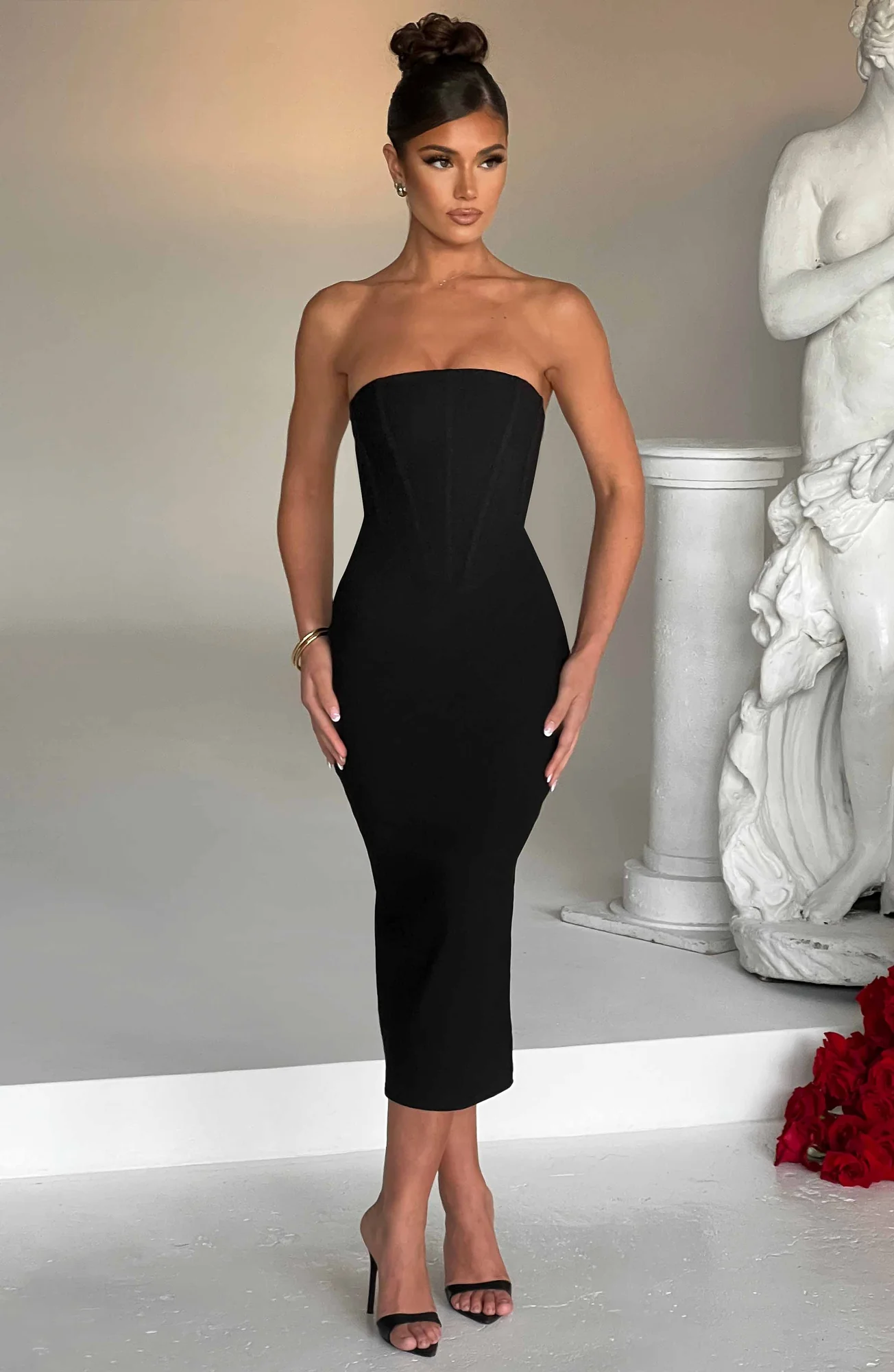 Black Strapless Corset Midi Dress with Waist Cinching - Elegant Style