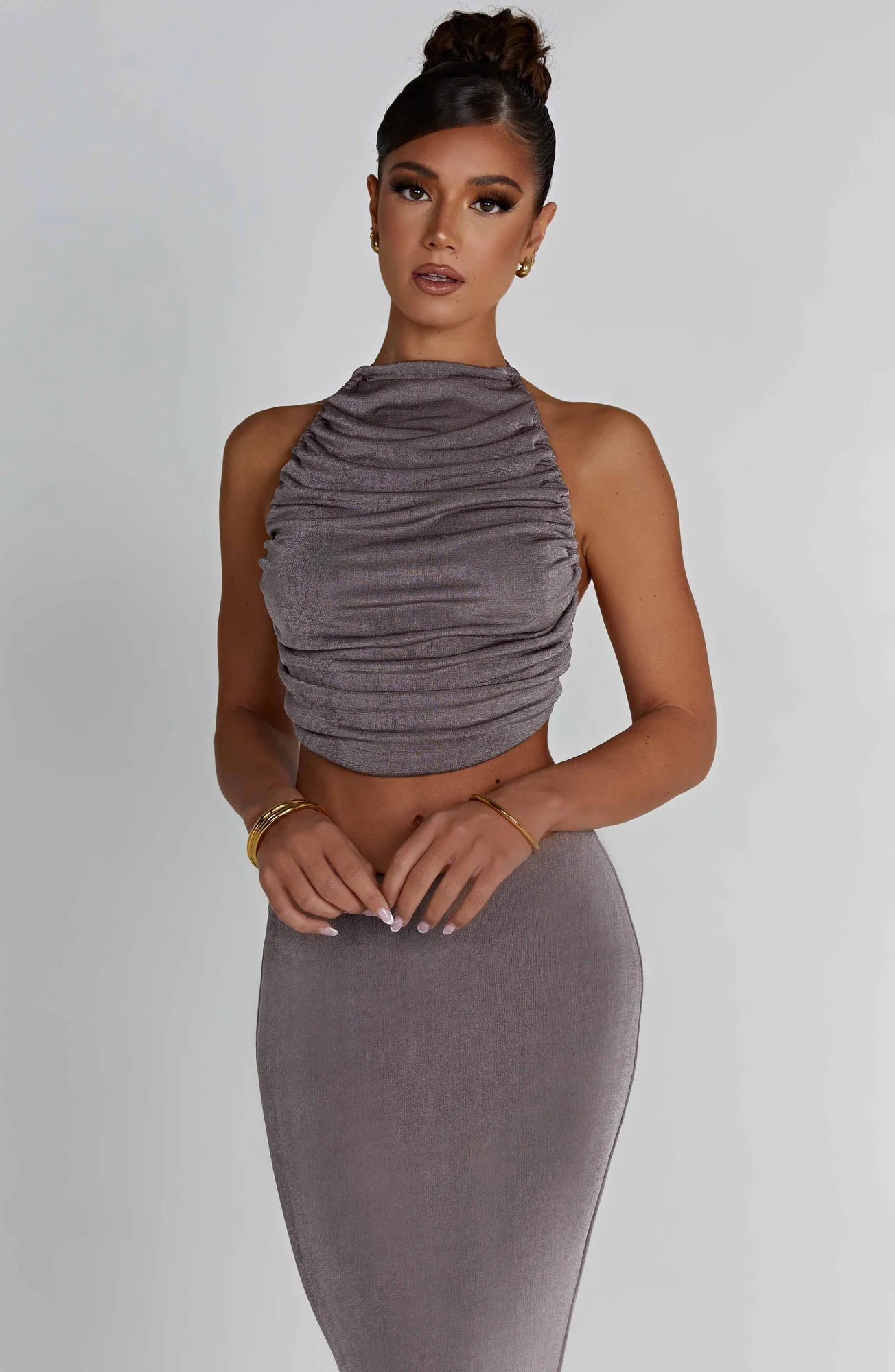 Charcoal Draped High Neck Backless Top | Premium Jersey Fabric